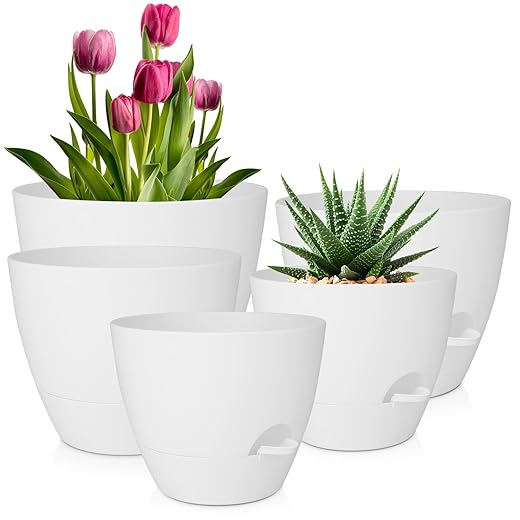 Plant Pots 10/9/8/7.5/7 Inch Self Watering Pots, Set of 5 Plastic Planters with Drainage Holes and Saucers,Plastic Flower Pots,Nursery Planting Pot for Indoor Out Door Plants(Pure White)
