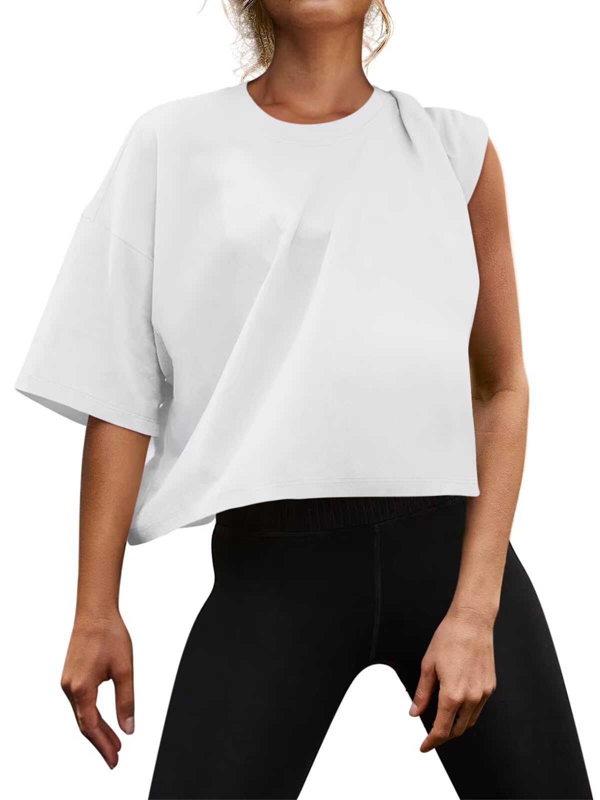Micticsi Womens Oversized Workout Crop Tops Cotton T Shirts Boxy Crewneck Loose Fit Short Sleeve Tee Summer Clothes 2025