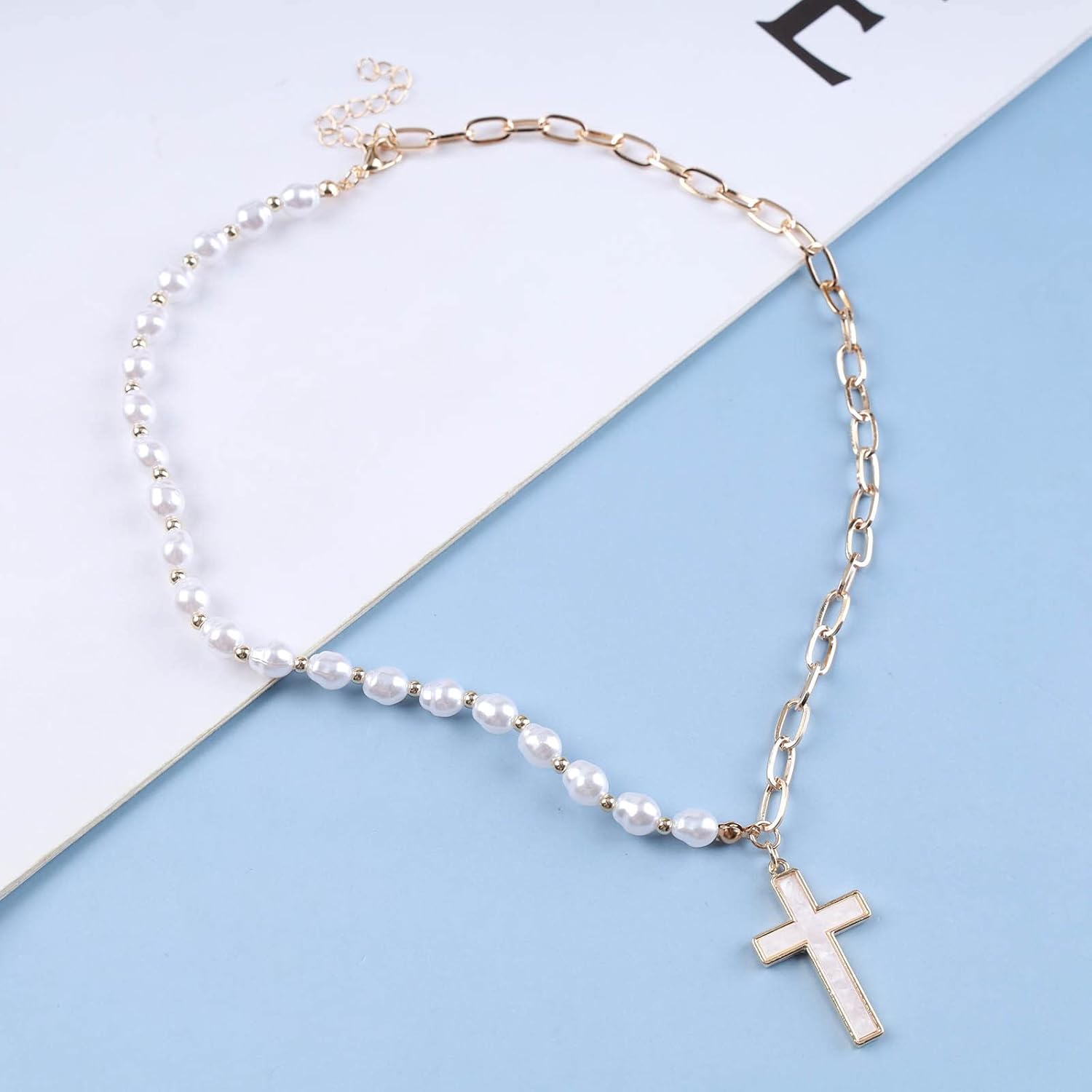 Boho White Cross Choker Necklace Faith Cross Pendant Necklace Retro Pearl Necklace Punk Paperclip chain necklace Jewelry for Women - Image 3
