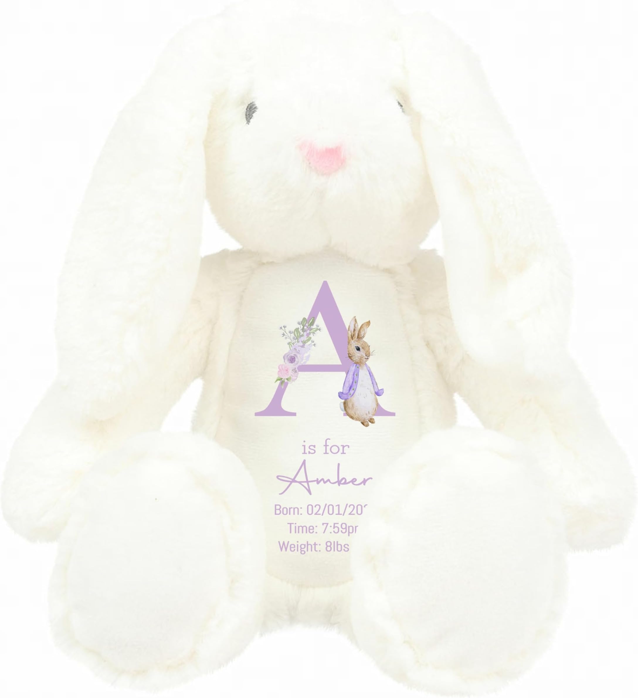 allaboutthebump Personalised Classic Rabbit Birth Announcement Plush Bunny Soft Stuffed Animal [Boys Girls | Grey White Pink Blue Brown] Name, Date & Weight Nursery Keepsake (Bunny: Blue)