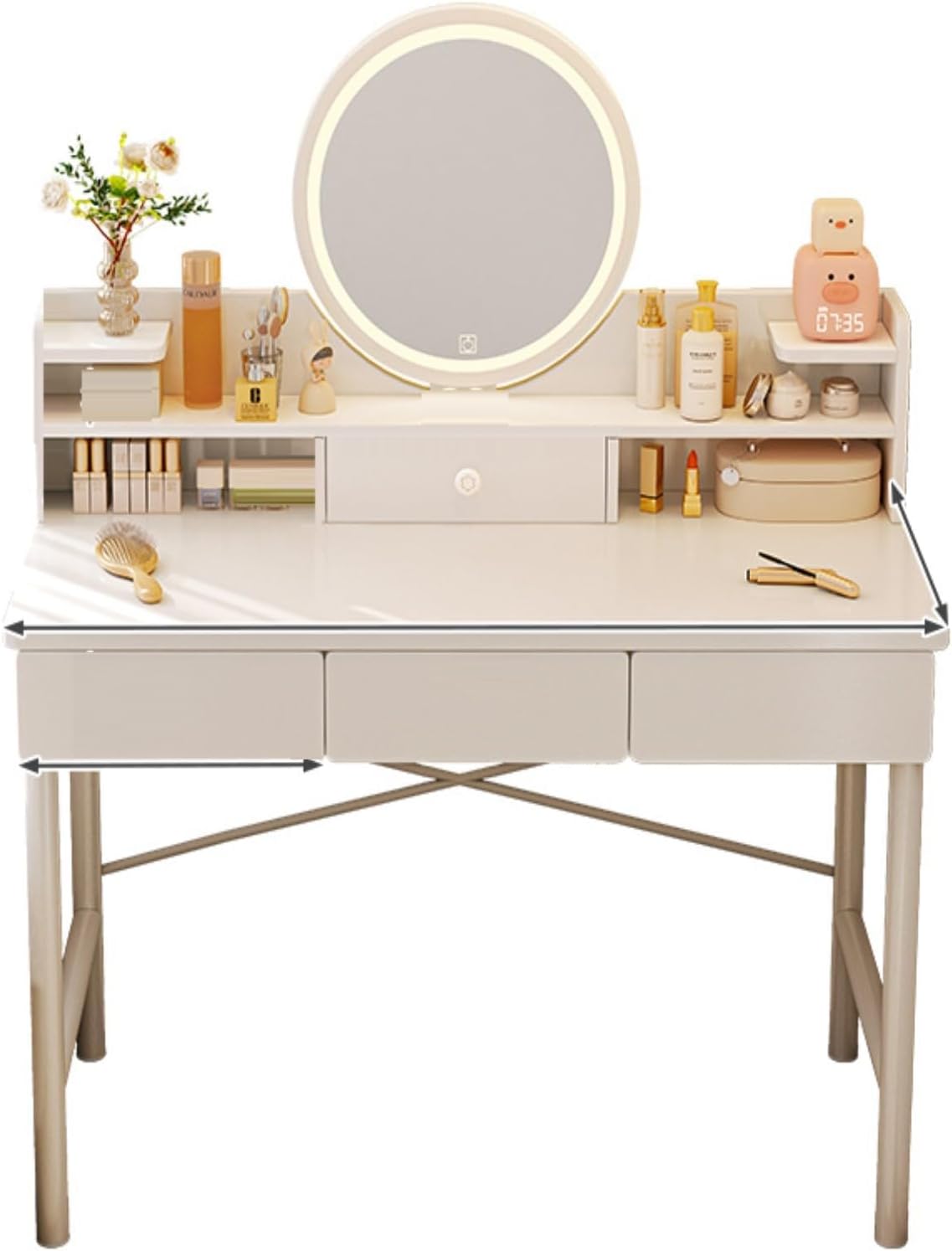 Makeup Vanity Desk with Mirror and 3 Drawers, Small Vanity Table, Dressing Vanity Desk for Bedroom and Small Spaces, White (100 x 40 x 125 cm)