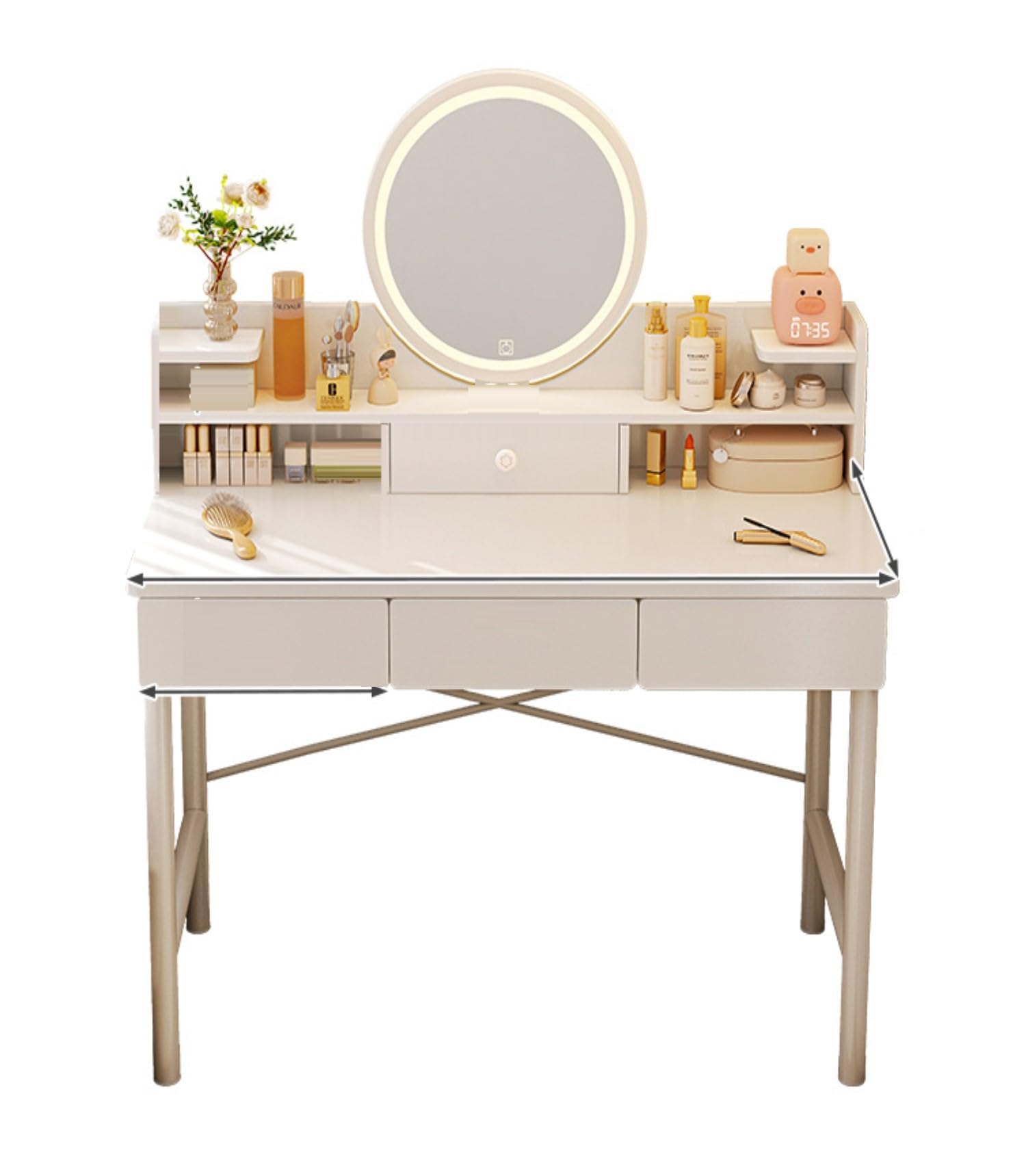 Makeup Vanity Desk with Mirror and 3 Drawers, Small Vanity Table, Dressing Vanity Desk for Bedroom and Small Spaces, White (100 x 40 x 125 cm)