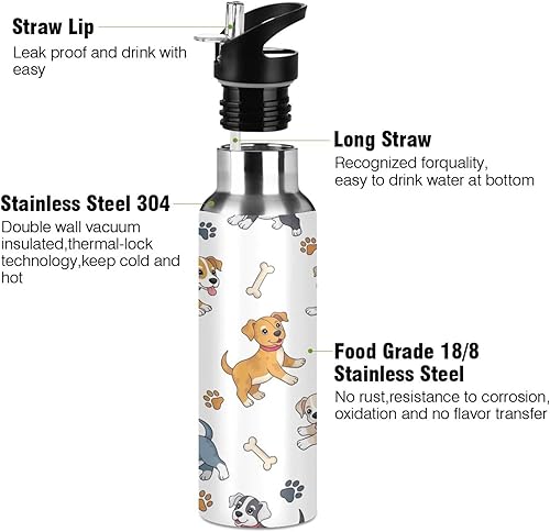 Miniatura 3 de Paw Prints Dog Bones White Stainless Steel Vacuum Insulated Water Bottle 20 Oz Leakproof Water Bottles, BPA-Free Sports Water Bottle with Straw