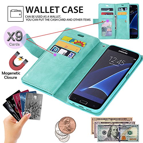 Auker Galaxy S7 Edge Wallet Case For Women/Men, Premium Folio Flip Leather Trifold 9 Card Holder Kickstand Magnet Zipper Pocket Wallet Purse Case With Wrist Strap For Samsung Galaxy S7 Edge Mint #TOP2