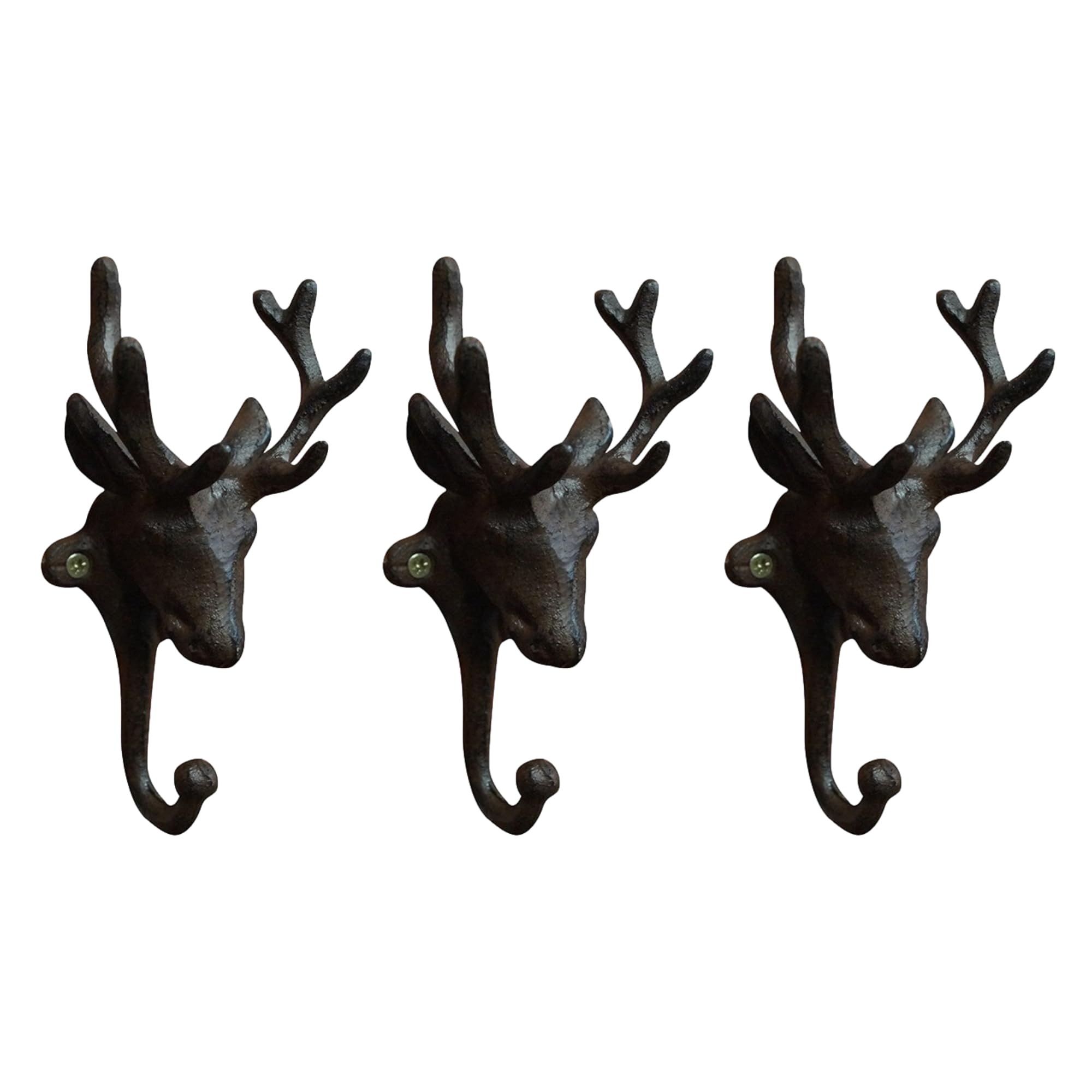 Fyne-Finds Brown Set Of 3 Cast Iron Stag Head Wall Single Hook Rack Utility Storage For Coats Keys Bags Leads Hanger