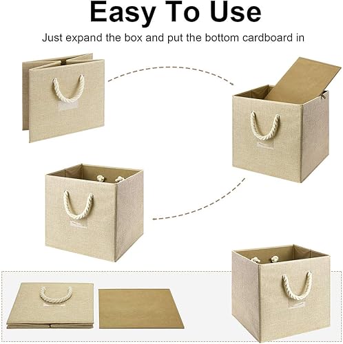 Miniatura 4 de i BKGOO Contenedores plegables de almacenamiento de tela de bambú beige y blanco, organizador resistente con asa de cuerda de algodón para oficina
