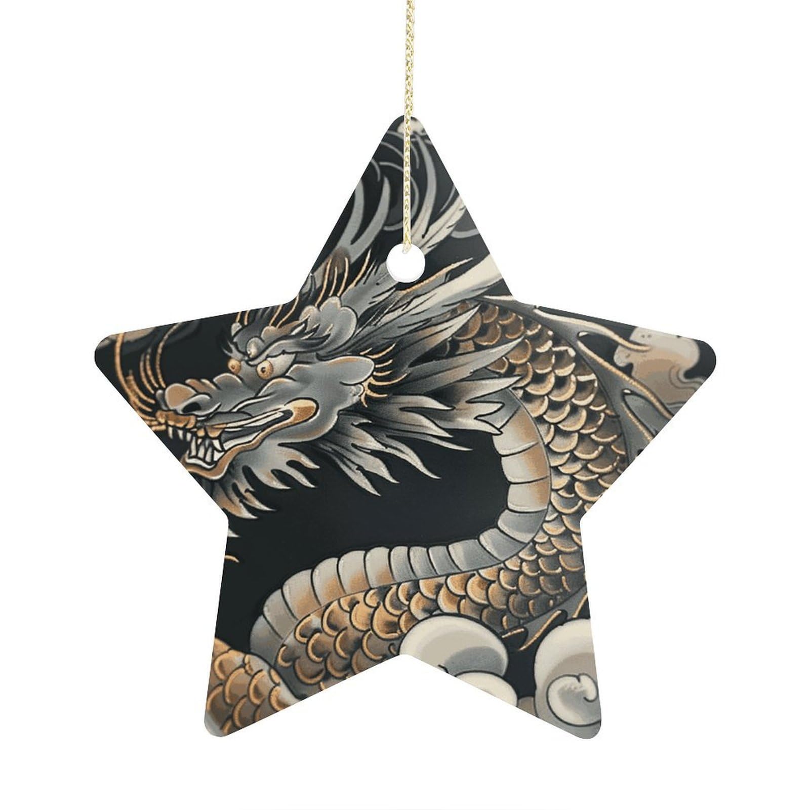 Black Oriental Dragon Stars Ornaments Ceramic Christmas Tree Hanging Light in Weight Christmas Star Pendants Funny Double-Sided Printed Xmas Ornaments for Gifts