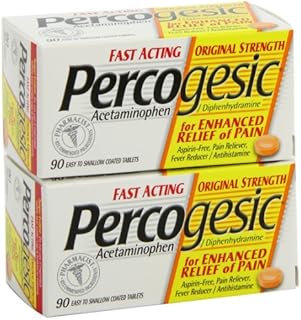 Percogesic Original Strength, Acetaminophen and Diphenhydramine, 90 Tablets, Pack of 2