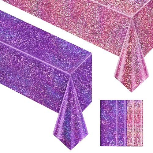 Just Shimmer 4 Pack Pink and Purple Holographic Tablecloths, 2 Pink and 2 Purple, 40 x 108 Iridescent Shiny Plastic Table Covers for Birthday, Baby Shower, Bridal Shower and Wedding Party Decorations