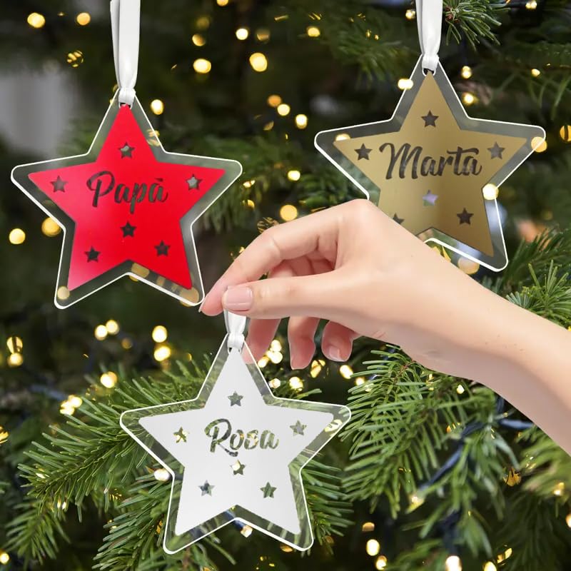 Adornos Navideños Pack 5 Estrellas Personalizadas con Vinilo a Color, Ampliable a 10 Unidades. Medida 8x8 cm. Material acrílico. Ideal sustituto de Bolas de Navidad.