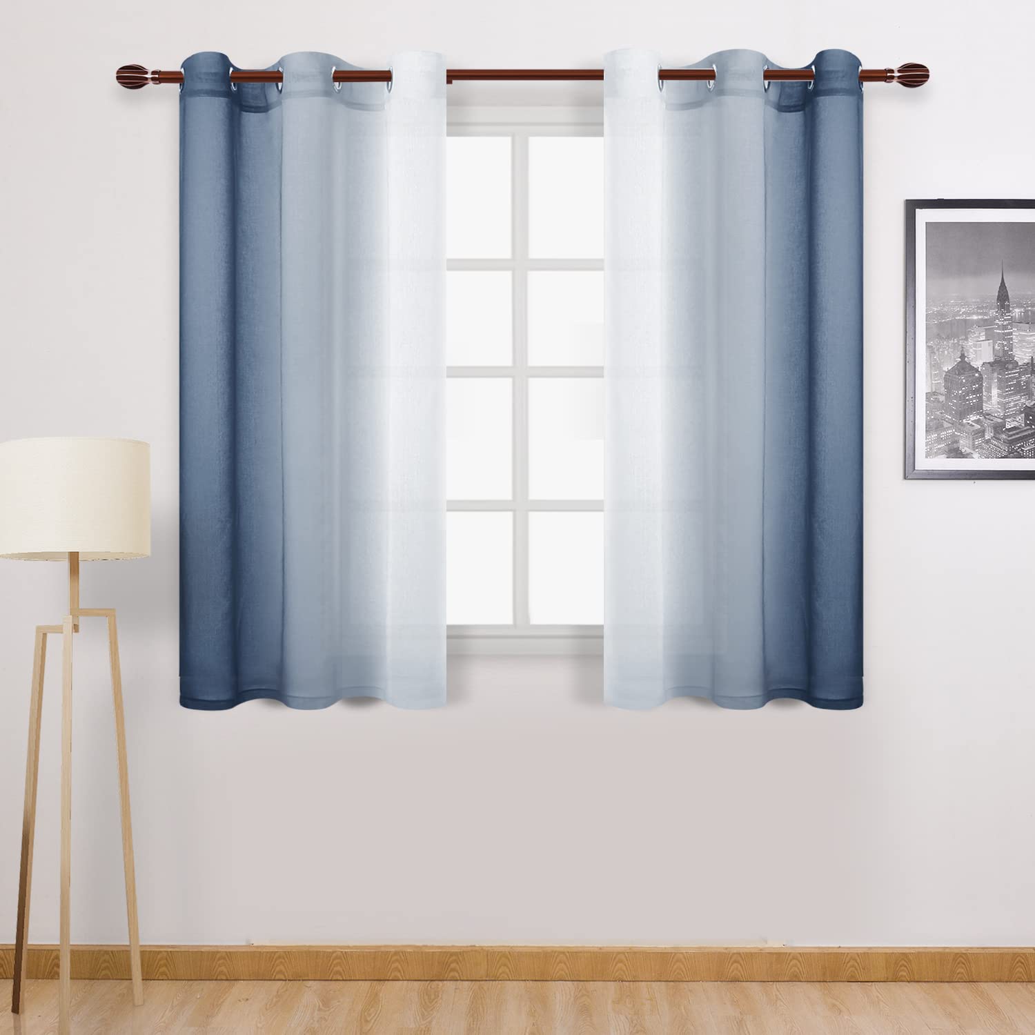 DWCN Blue Faux Linen Ombre Sheer Curtains - Gradient Semi Voile Curtains for Bedroom and Living Room, Set of 2 Grommet Top Window Curtain Panels, 42 x 54 Inches Long, Denim Blue โ image 1