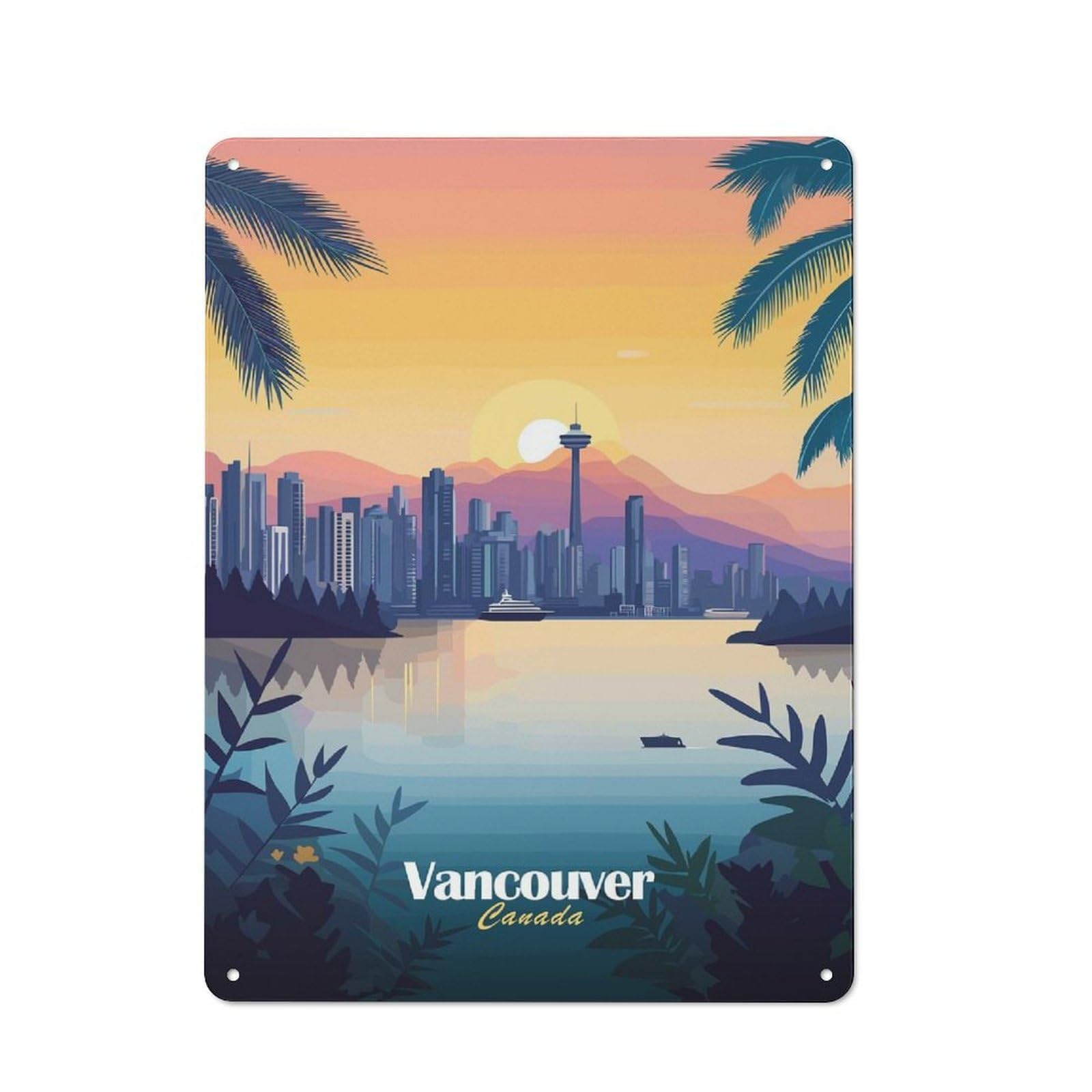 Workshop Style Garage Metal Sign 40x30cm Featuring Vancouver Skyline Sunset, Industrial Wall Art for Garage, Hobby Room, Office Or Man Cave