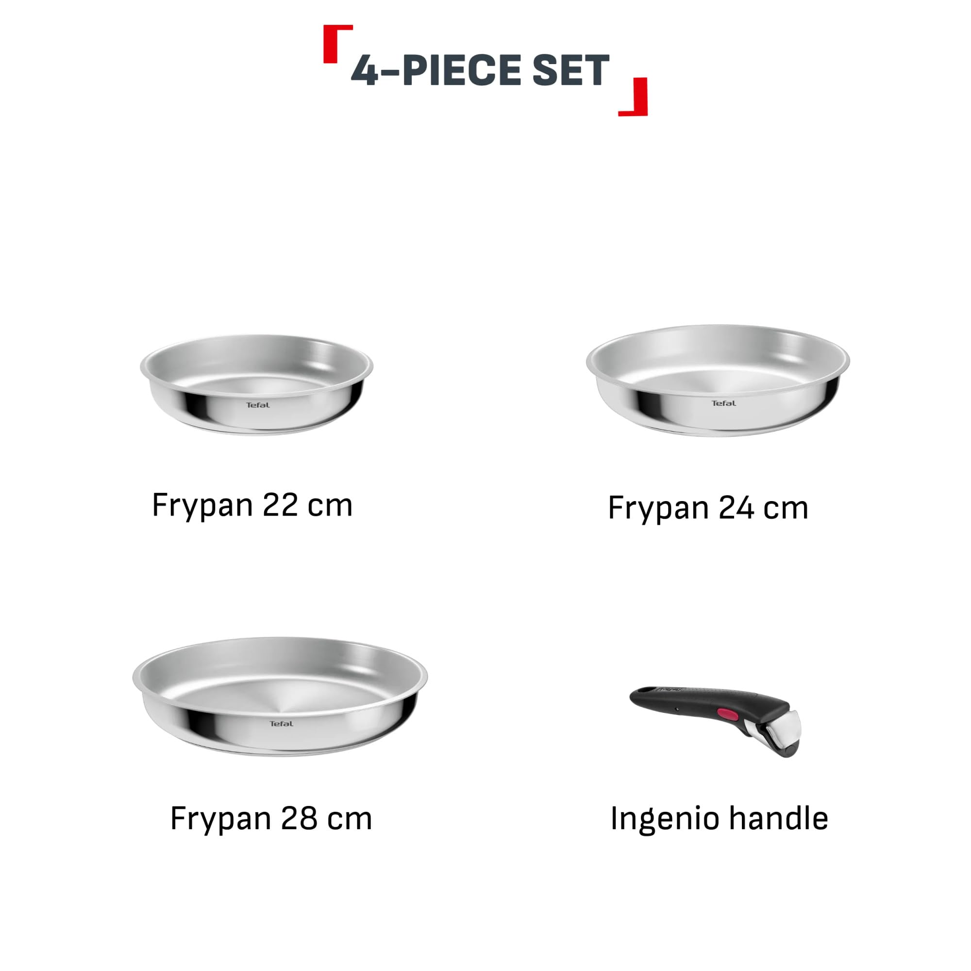 Tefal Comfort Max, Batterie de cuisine 4 pièces, Acier inoxydable sans revêtement, Casseroles et poêles empilables, Poignée amovible, L968S434