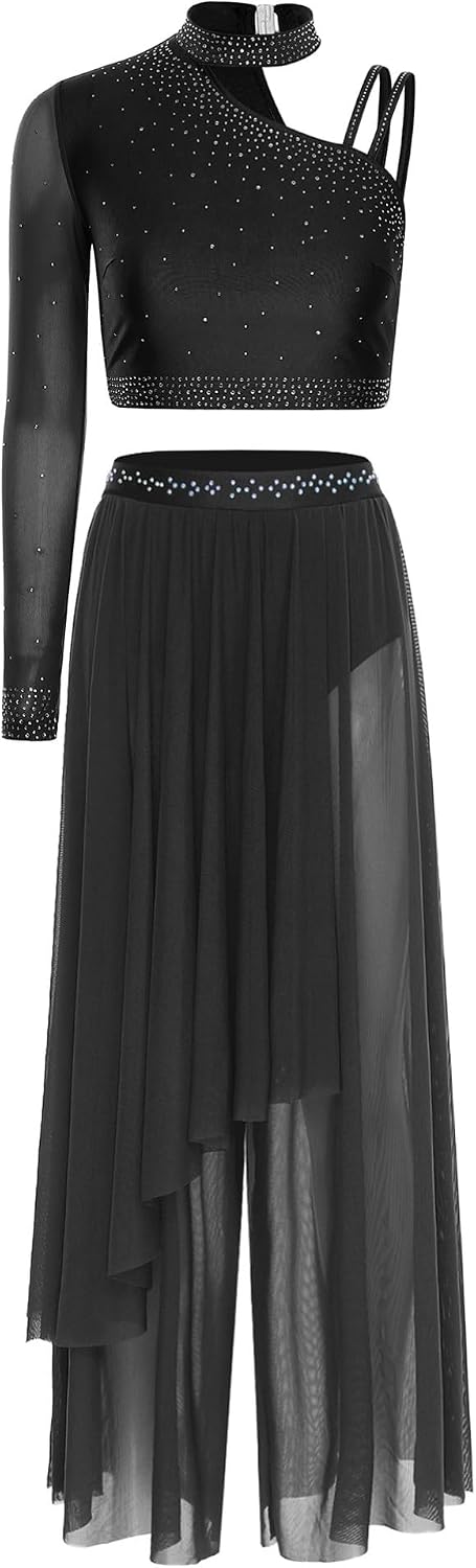 Alvivi Women Modern Lyrical Dance Outfit Rhinestone Crop Tops with Wide Leg Pants Contemporary Dancewear Black X-Large