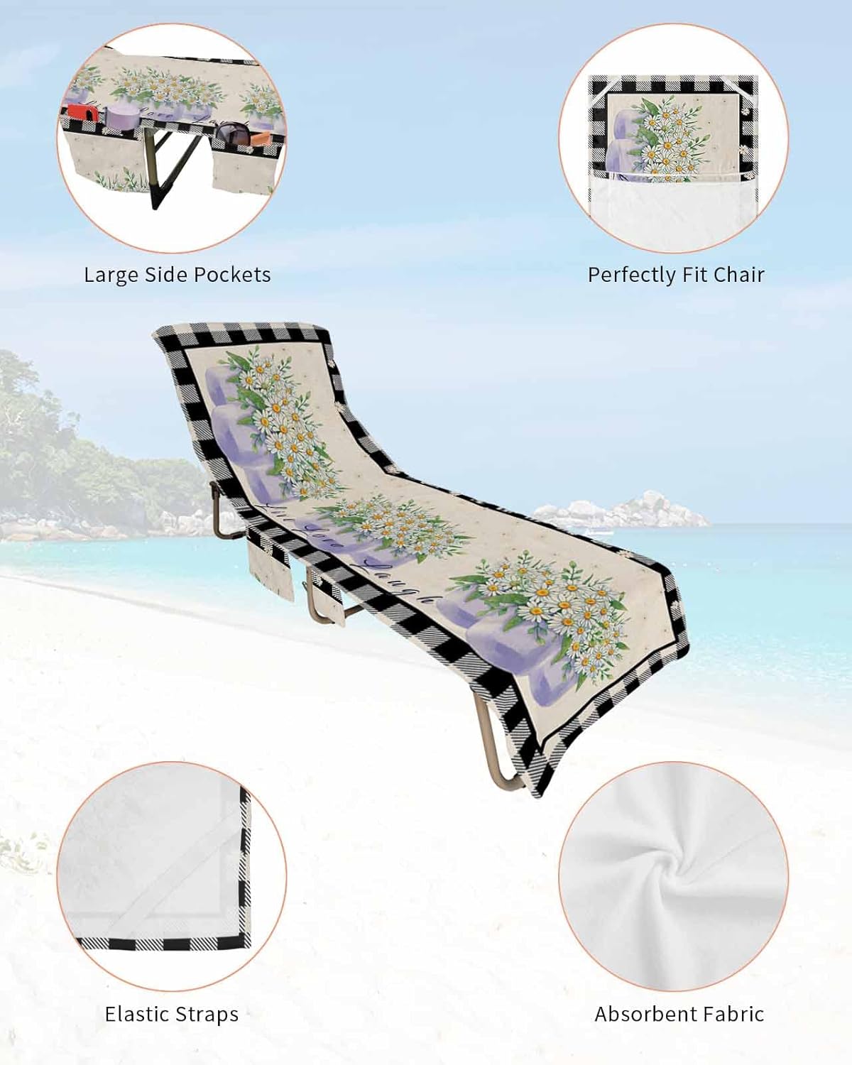 French Country Floral Beach Pool Patio Lounge Chaise Chair Cover Towel With Pockets,Absorbent & Quick Dry Microfiber Towel Cover Bag Summer Accessories Purple Daisy Farmhouse Black White Check
