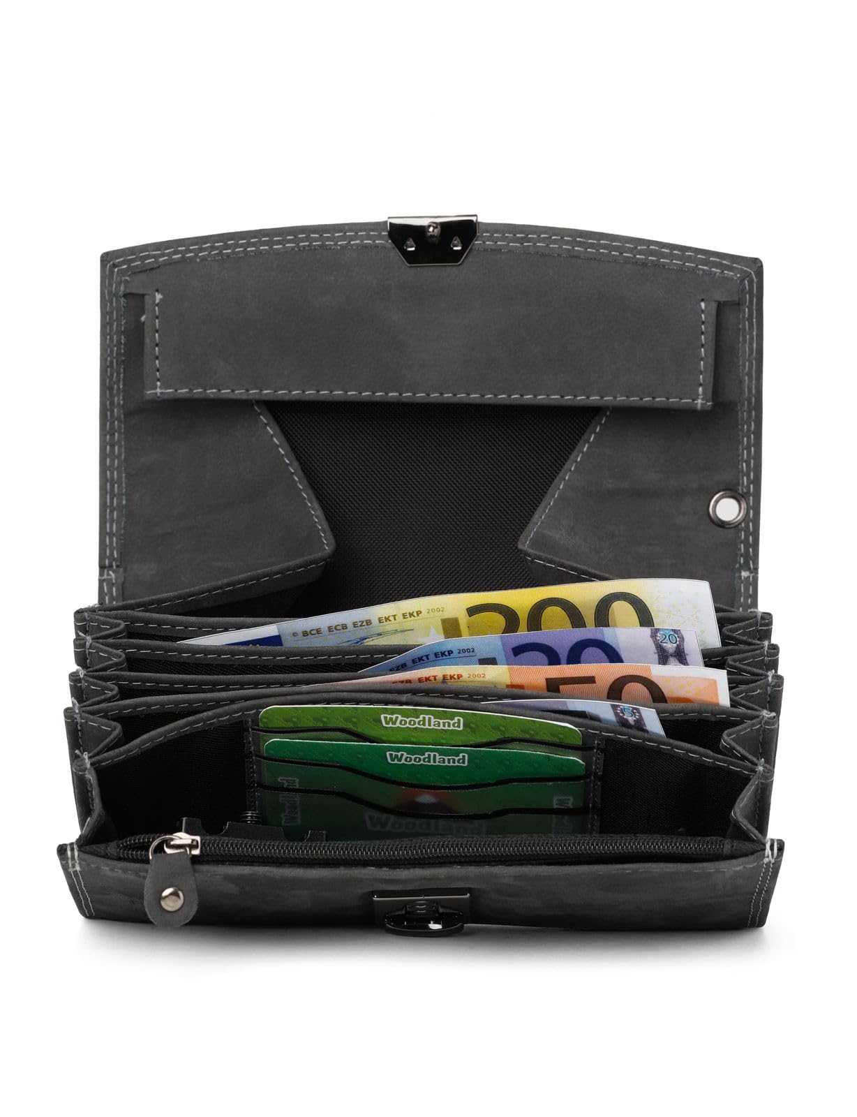 Woodland® Portefeuille de serveur avec fond renforcé dans le grand compartiment pour pièces de monnaie en cuir de buffle souple et naturel, anthracite, L x H x T (cm) = 18.5 x 9.5 x 4.5, Porte-monnaie