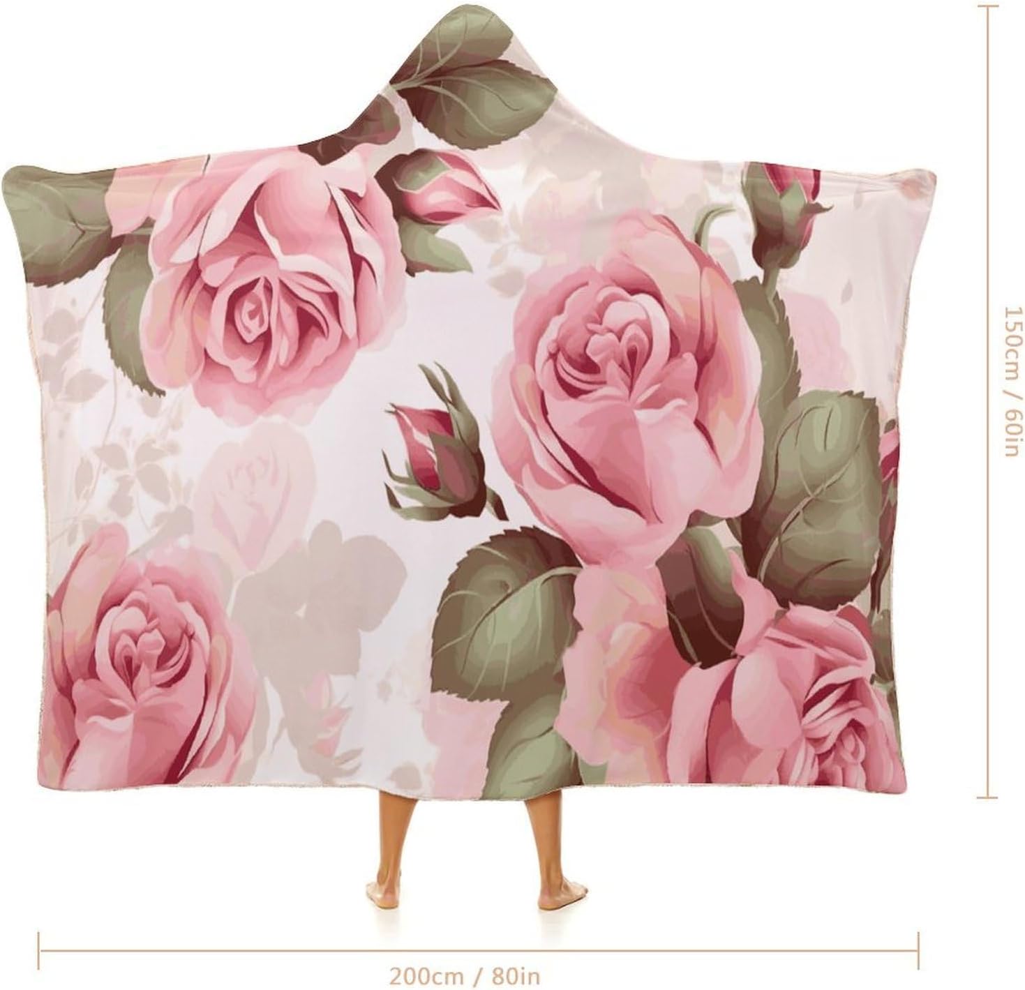 Pink Rose Floral Wearable Fleece Blanket with Hood for Men & Women Oversized Hoodie Blanket Soft Cozy Gift-