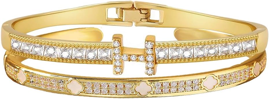 14/18K Gold Plated Bracelets Set for Women Flower Bangle Love Bangle Cubic Zirconia Bracelet Stackable Bracelet Set