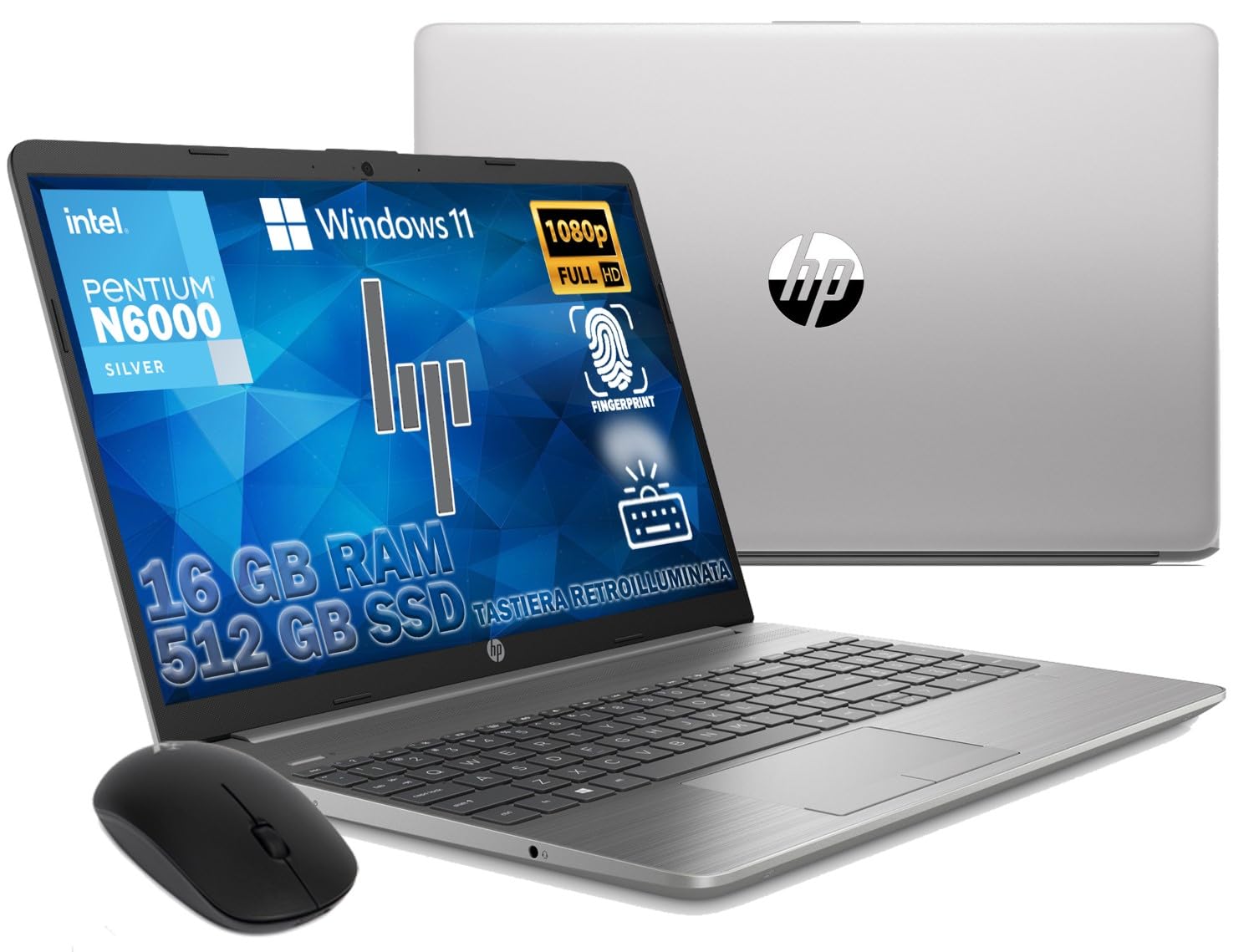 HP 250 G9 Notebook 2024 Ultra Silenzioso, RAM 16GB, SSD 512GB, Display FullHD 15.6", Intel N6000 4 Core da 3,3 GHz, tastiera retroilluminata, touch id, Win 11 Pro, Libre office, Mouse OMAGGIO