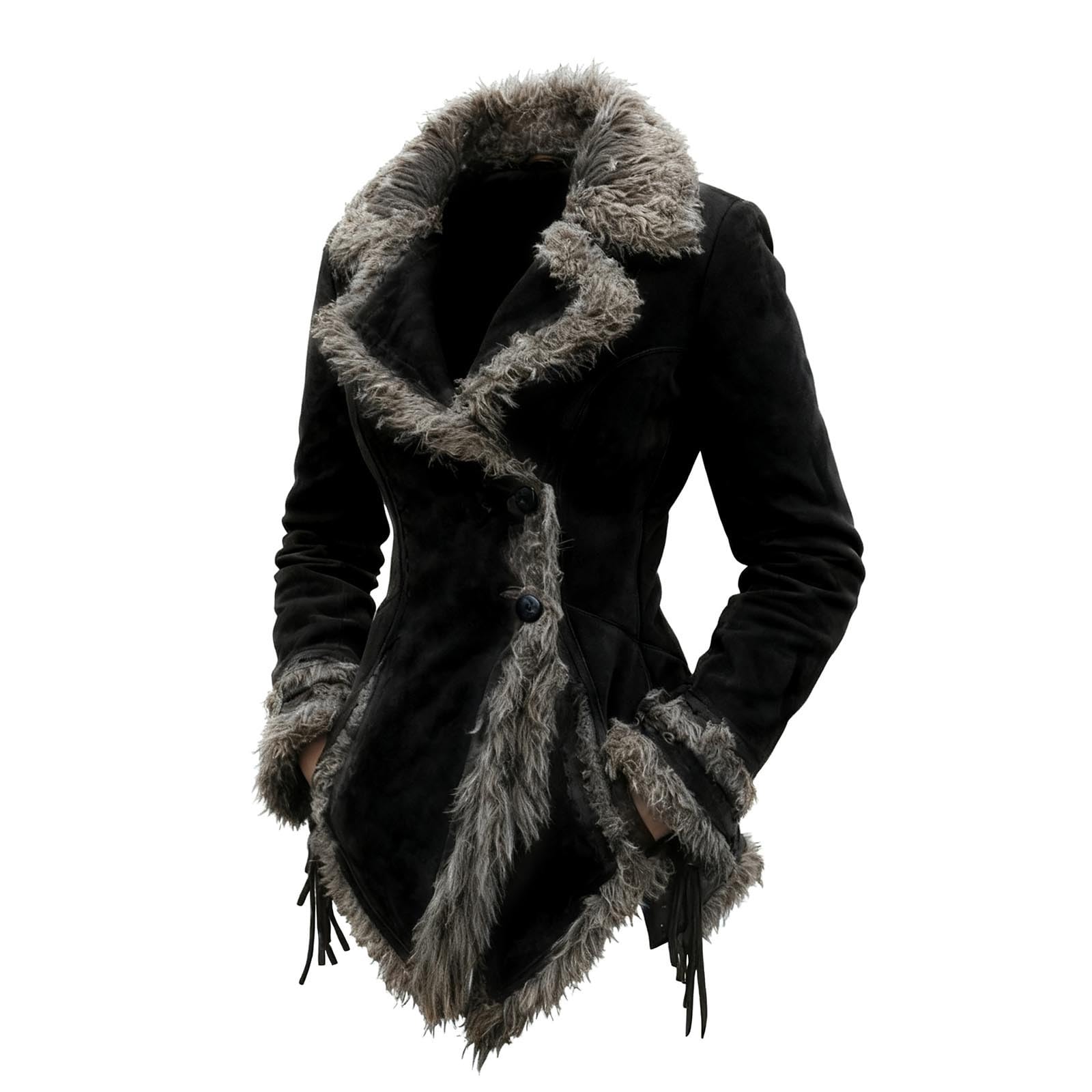 Abrigo Largo Bohemio Desgastado de Talla Grande para Temporada Otoño Invierno con Detalles de Cuello Simulado y Diseño de Moda