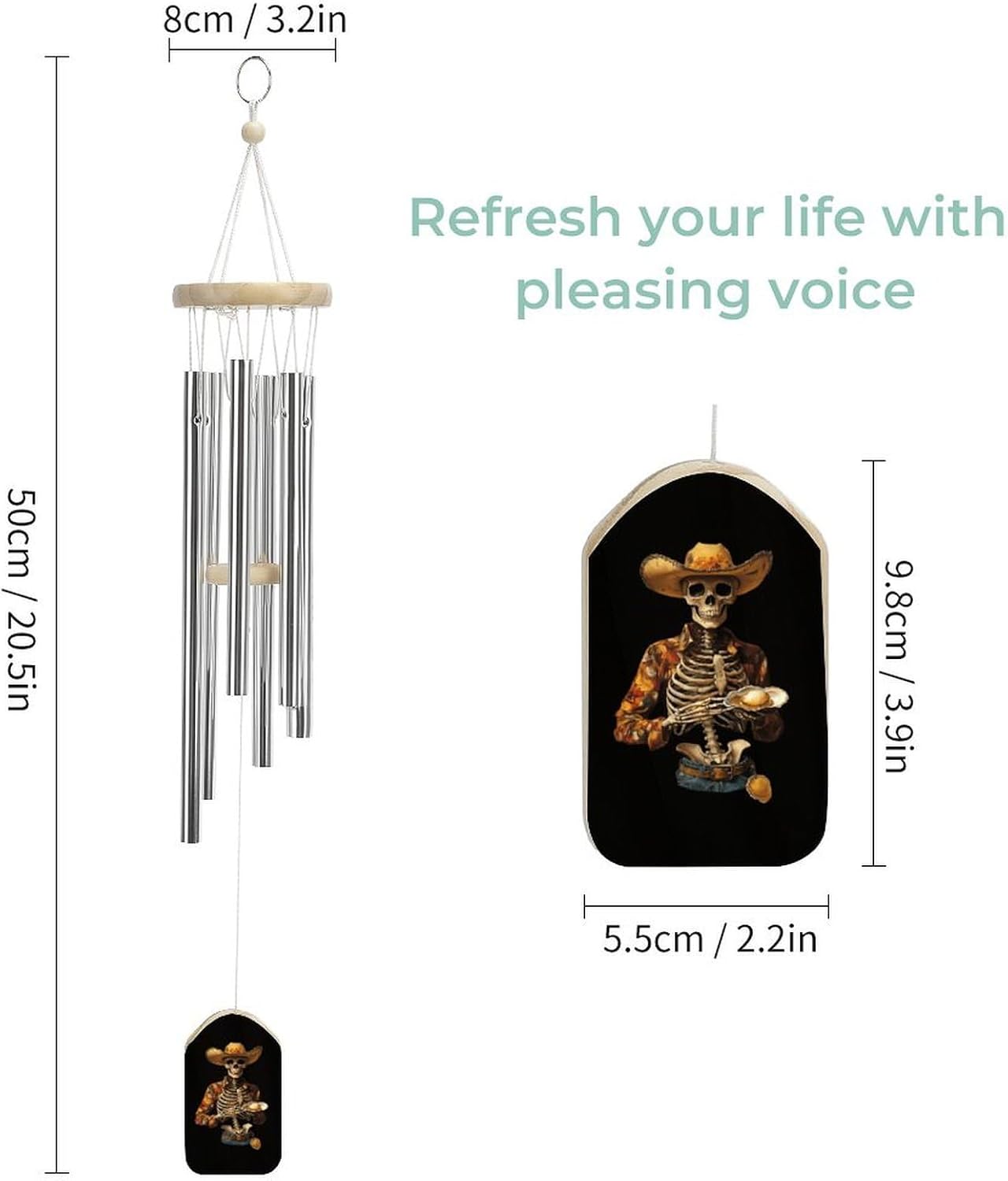 Skeleton Holding Oyster Wooden Wind Chimes Deep Tone Memorial Windchime for Outside Garden Home Decoration