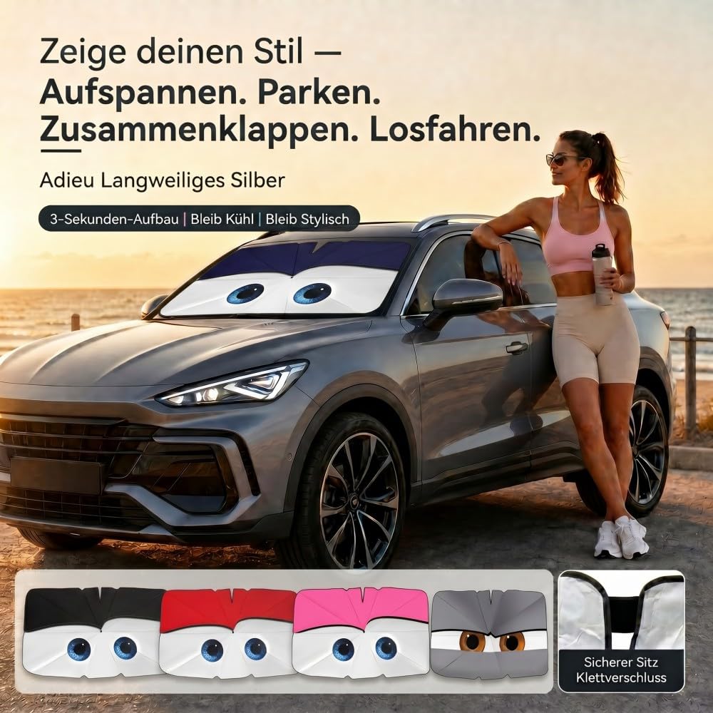 Parasole per parabrezza auto Zuquik, design a occhi, 145 x 85 cm | 3 strati riflettenti, bordo in silicone, braccio a 360°, taglio a V e telaio a 10 stecche, per auto SUV compatibili