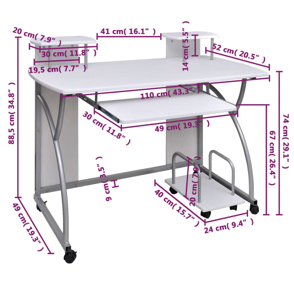 Scrivania,Supporto per stampante,Piccola postazione di lavoro in casa,Scrivania per computer in stile moderno,Scrivania da Computer Bianca 110x52x88.5 cm Legno Multistrato