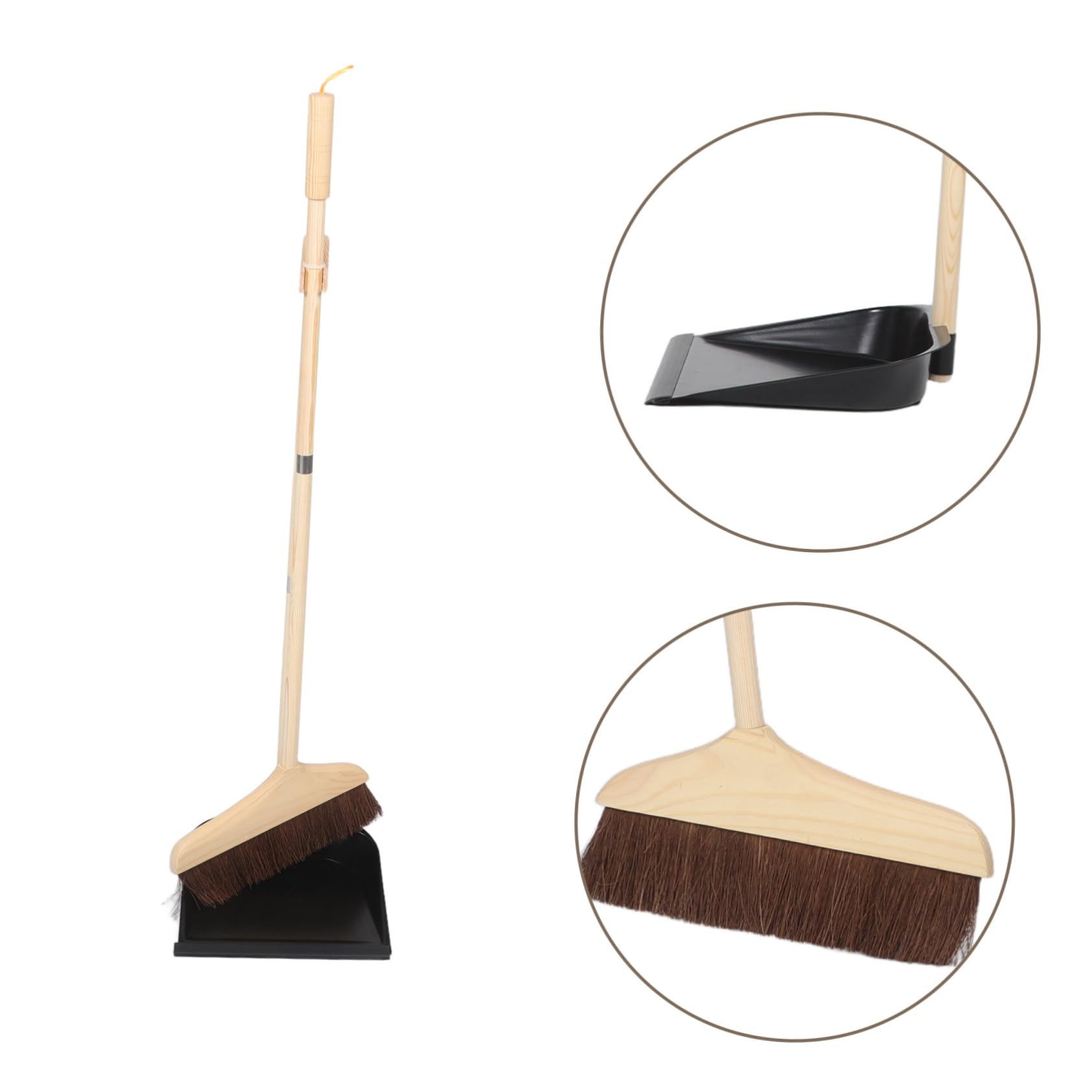 Juego de Escoba y Recogedor Mango Largo Desmontable de Madera | Cerdas Suaves, Limpieza de Pisos y Dormitorio, Atornillar y Quitar, Acabado Negro, Hierro