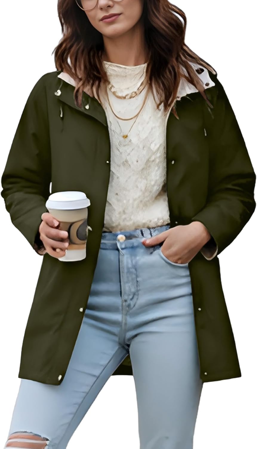 Women Reversible Trench Coat Lightweight Jacket Long Hooded Overcoat Windbreaker Outdoor Raincoat - Image 4