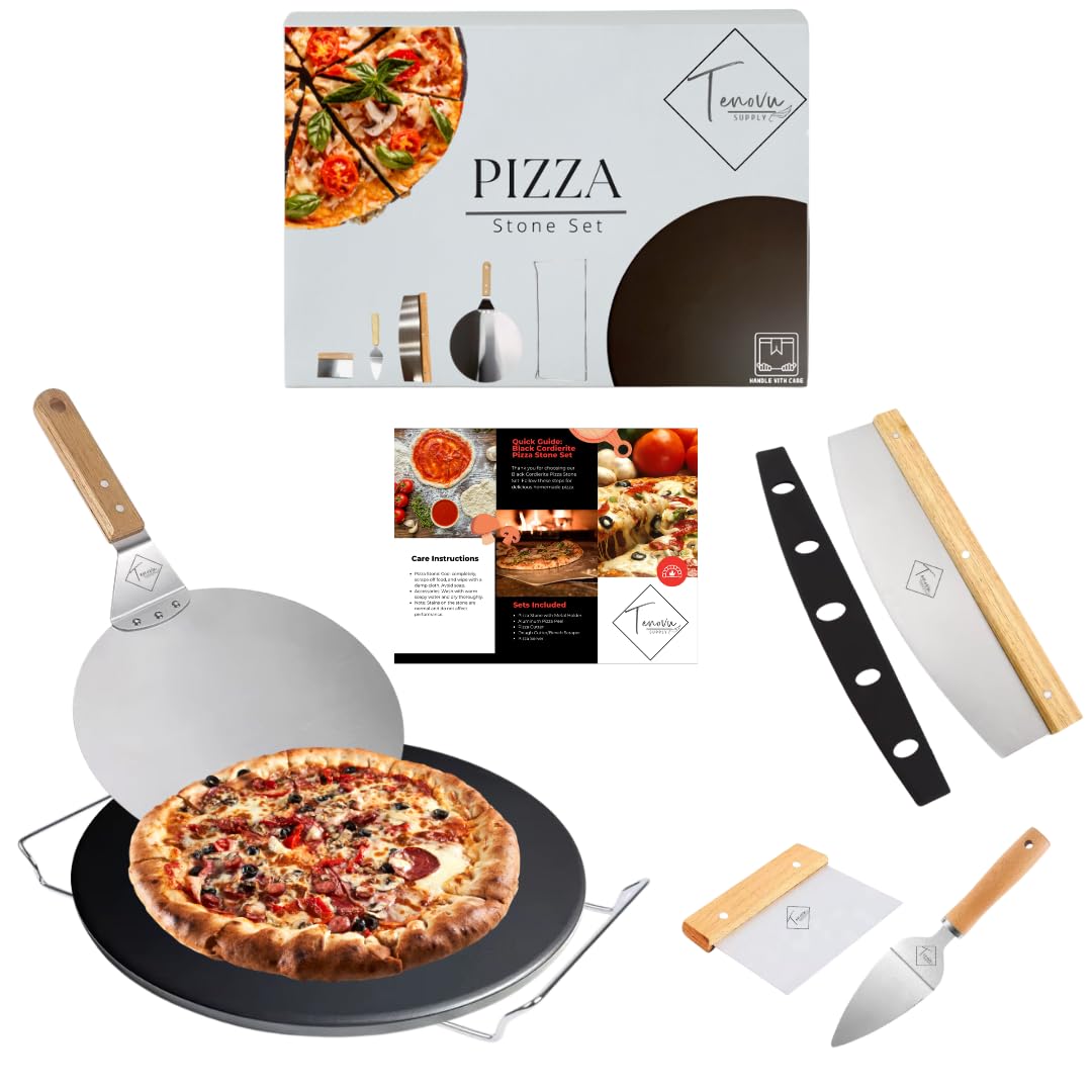 Tenovu Supply 6-Piece Set - Premium 13-Inch Black Cordierite Pizza Stone with Metal Holder/Bracket, Stainless Steel Peel, Dough Cutter, Pizza Cutter, and Server - For Oven and Grill Use