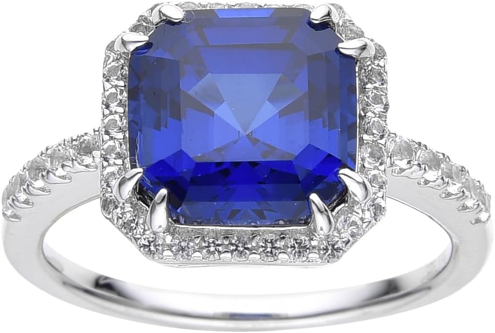 Fine Color Jewels Lab Grown Asscher Cut Blue Sapphire Halo Ring with Round White Topaz Accents -September Birthstone White Rhodium-Plated 925 Sterling Silver