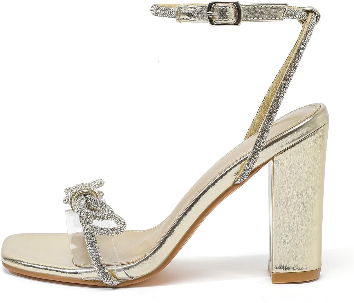 Amoji Women's 4 Inch Rhinestone Bowknots Block Heeled Crystal Sandal Ankle Strap Clear Heels 315 - Image 4
