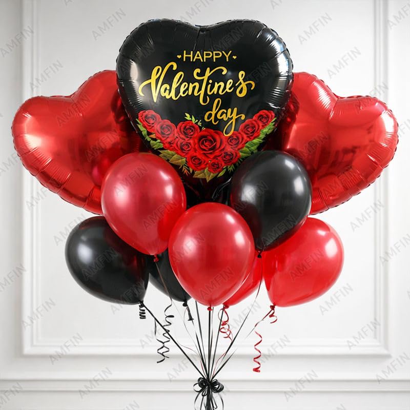 Image of AMFIN (Pack of 9) Happy Valentine's Day Balloon Decoration Set | Romantic Heart Foil Bouquet Metallic Helium Bunch Proposal Anniversary Celebration Party Decor - Red Black
