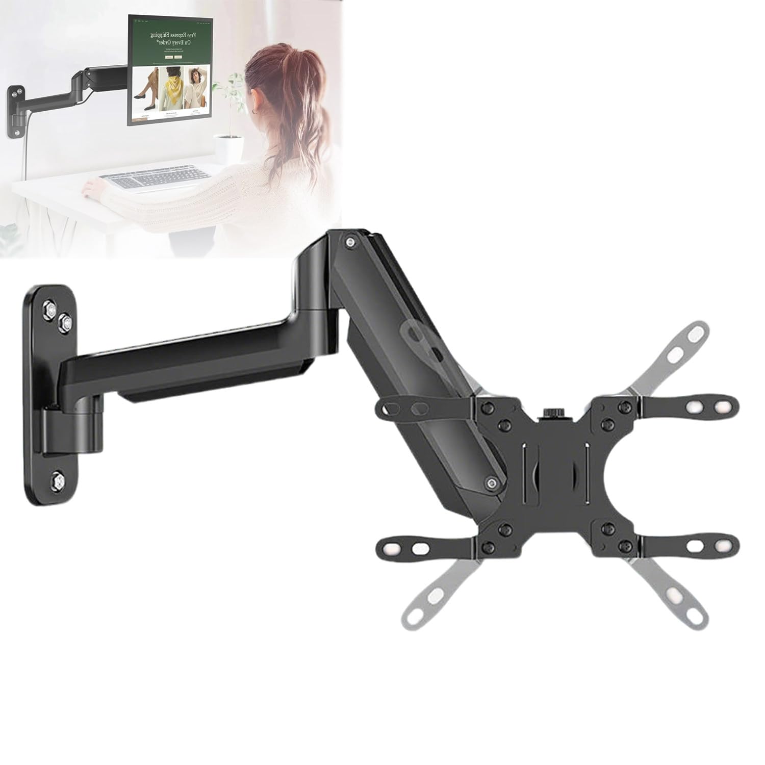 Display con Braccio Pneumatico a Schermo Singolo,Schermo da 17-32 Pollici,Supporto da Parete per Monitor Regolabile per Impieghi Gravosi,Rotazione di 180°,Altezza Disponibile 11,08 Pollici