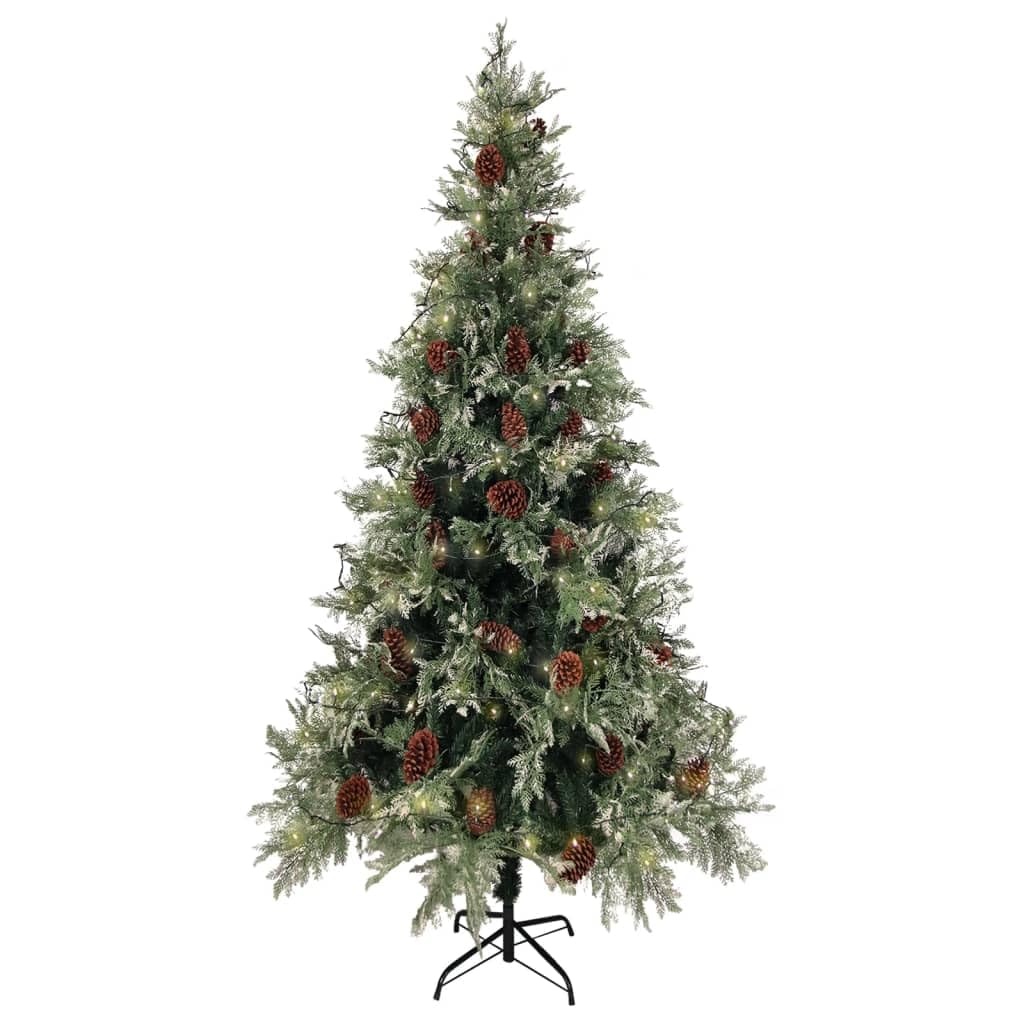 Choinka 225 cm z 300 diodami LED, składana, realistyczna choinka z PCW i PE z szyszkami sosnowymi, śnieg, stabilna do wnętrz, zielona