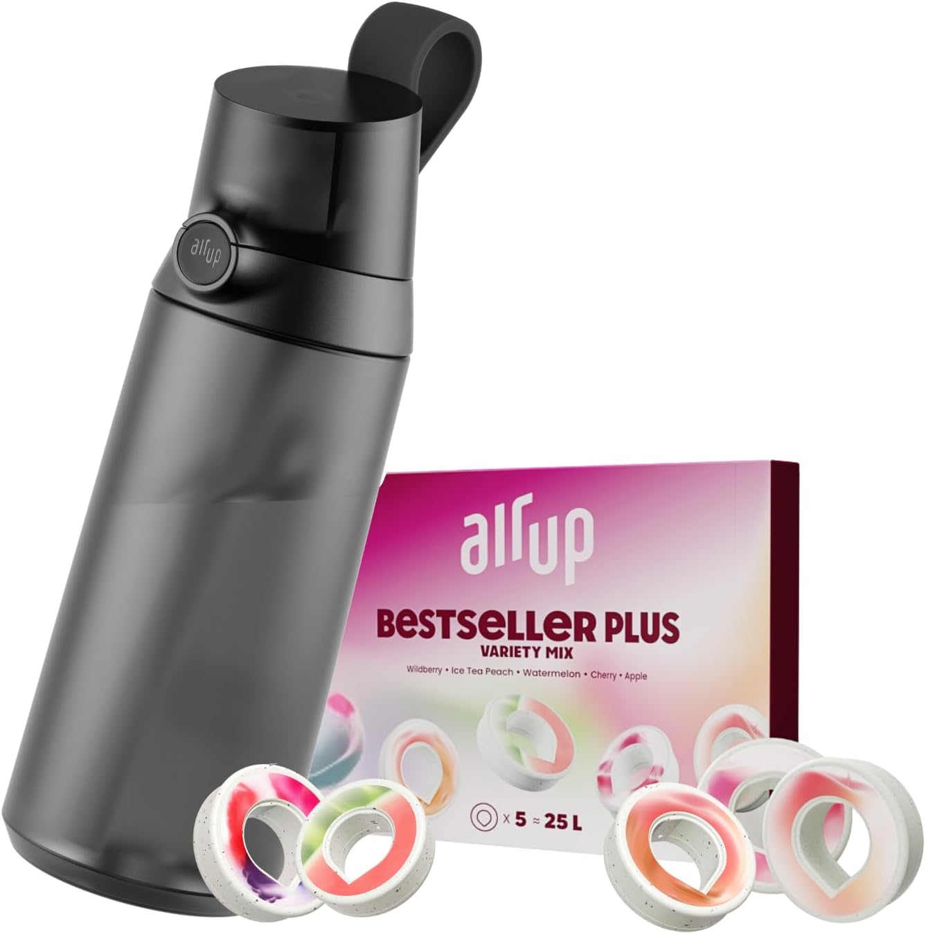 AIR UP® water bottle Click Midnight Black original starter set with pods in 5 flavors | 600ml drinking bottle with sugar-free flavoring | dishwasher-safe, BPA-free