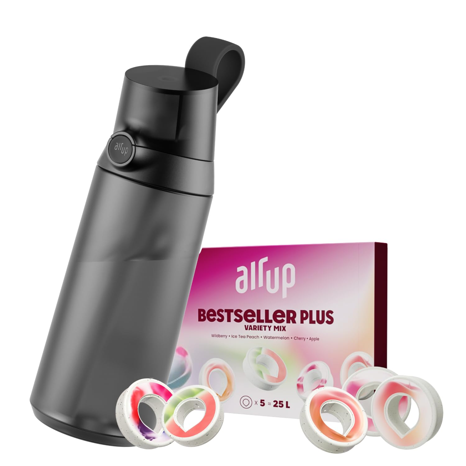 AIR UP® water bottle Click Midnight Black original starter set with pods in 5 flavors | 600ml drinking bottle with sugar-free flavoring | dishwasher-safe, BPA-free