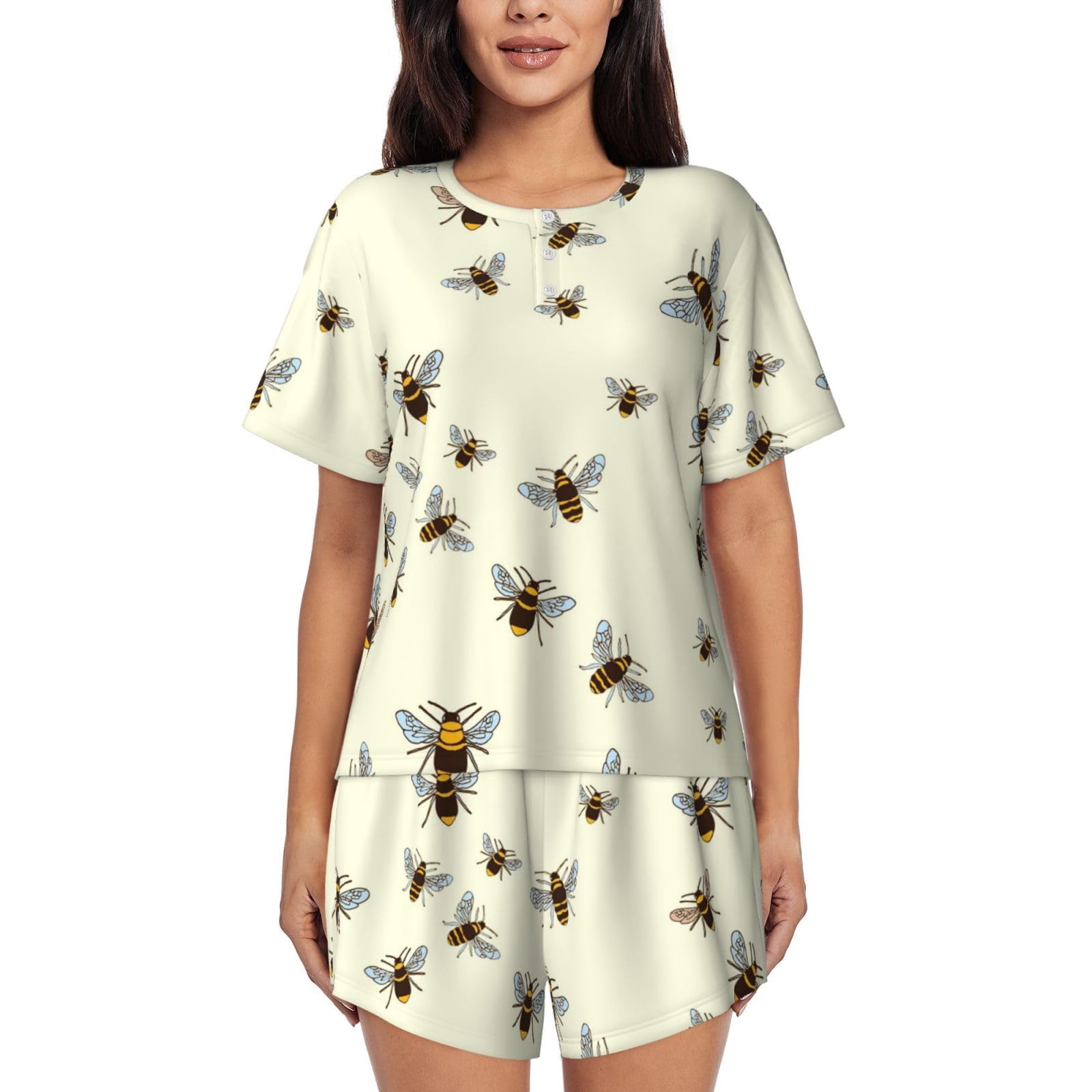 Jbyjbx Unisex Black Honey Bee Women's Pajamas Set, Cotton Short Sleeve Sleepwear Top Shorts Pjs Sets Soft Loungewear, S