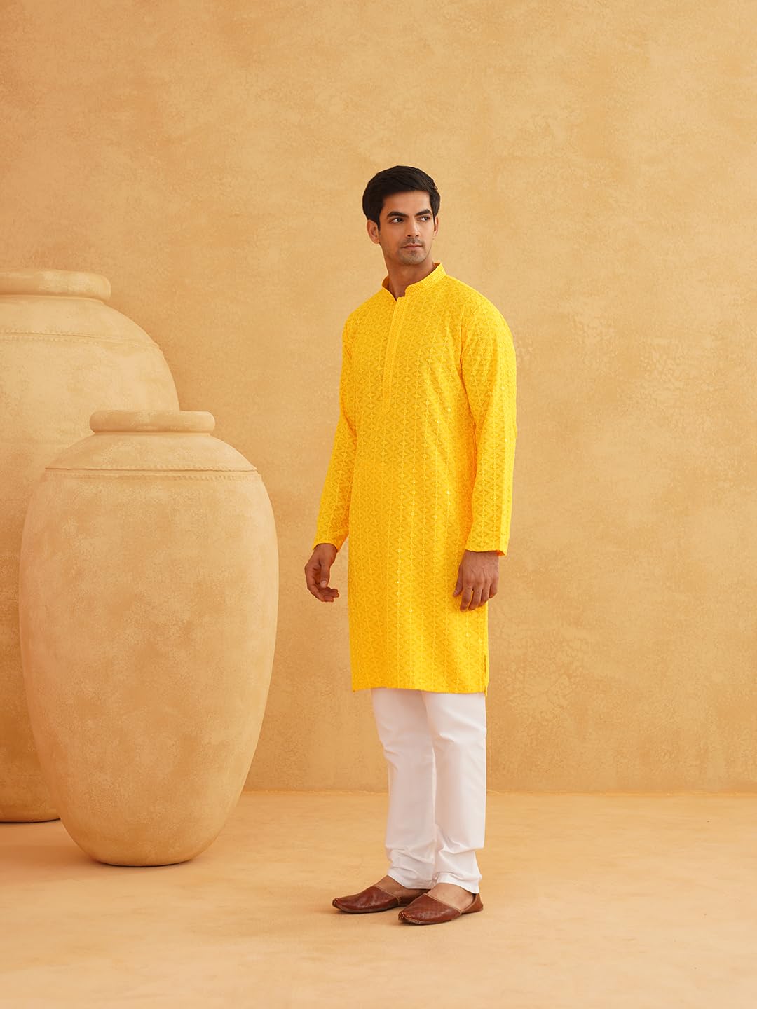 Sojanya (Since 1958 Men's Sequinned Embroidered Mustard Cotton Kurta And White Pyjama Set
