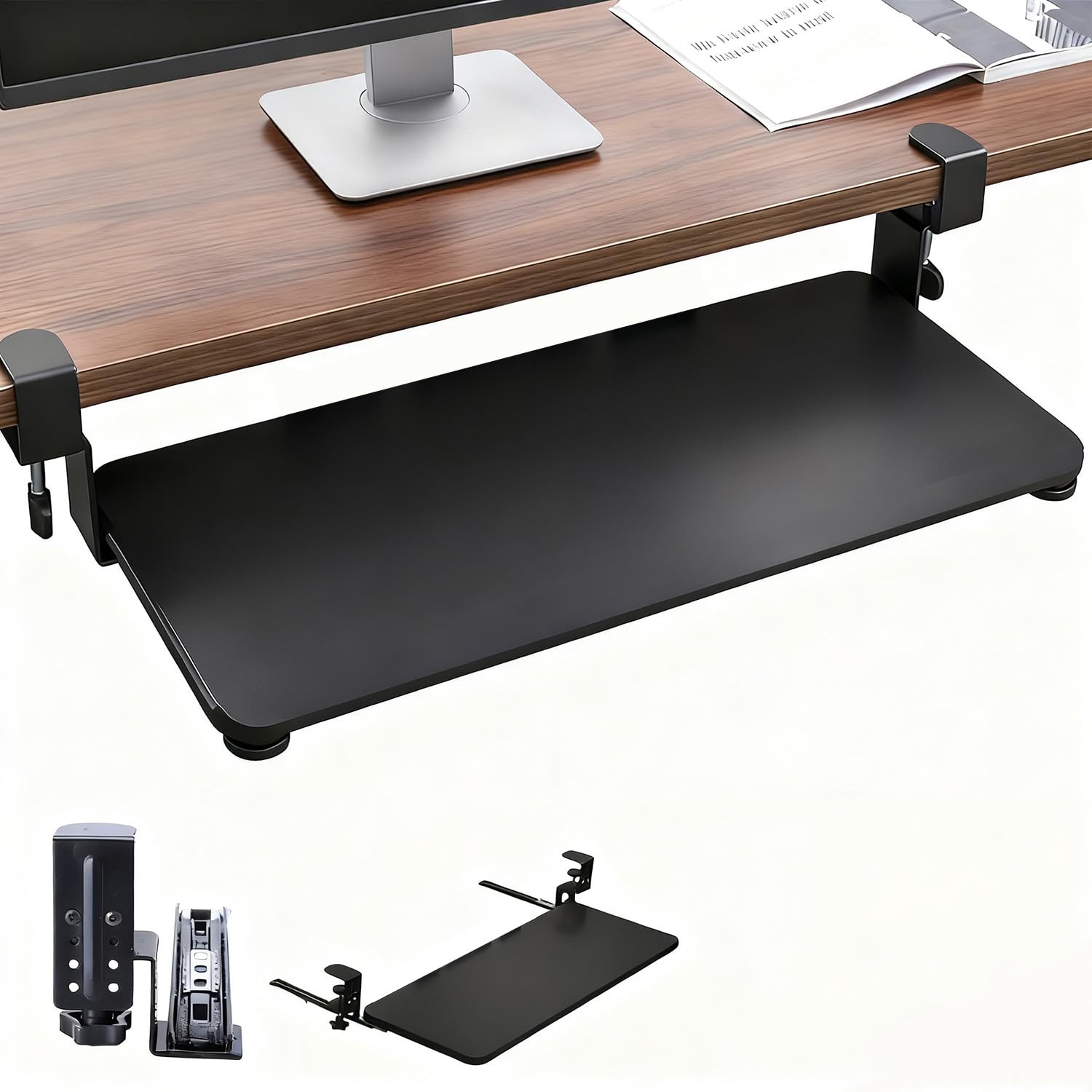 Support Clavier,Peut Glisser sous Le Bureau, 75 Cm (87 Mm avec Le Support) x 25 Cm, Pince en c Réglable pour Une Installation Facile, Charge Maximale De 25 Kg, Couleur Noire