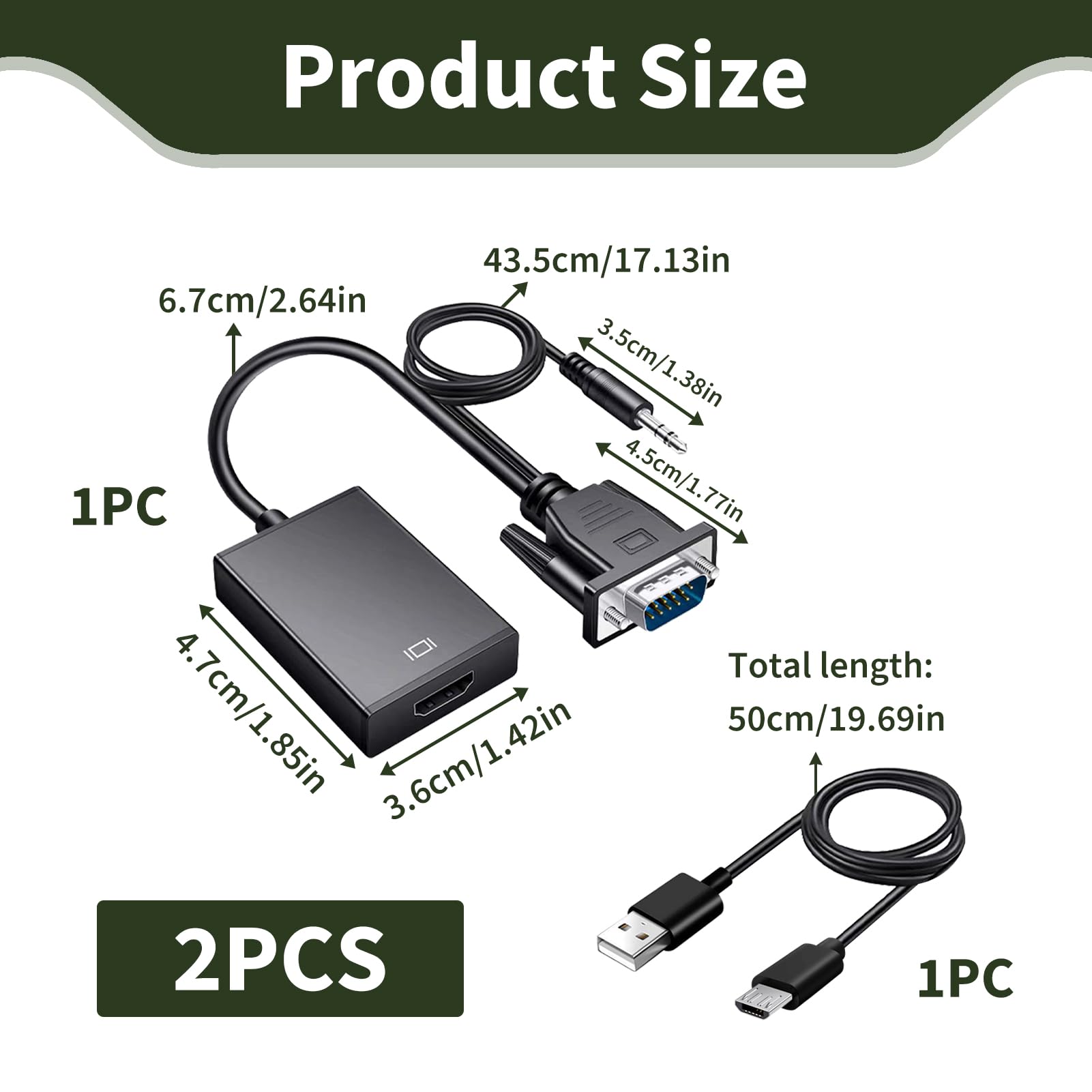 Adapter VGA auf HDMI Full HD 1080p mit 3,5 mm Audiokabel, Unidirektionaler Konverter VGA männlich auf HDMI weiblich, für PC, Laptop, Projektor, TV, 3,5 mm Audiokabel und USB inklusive