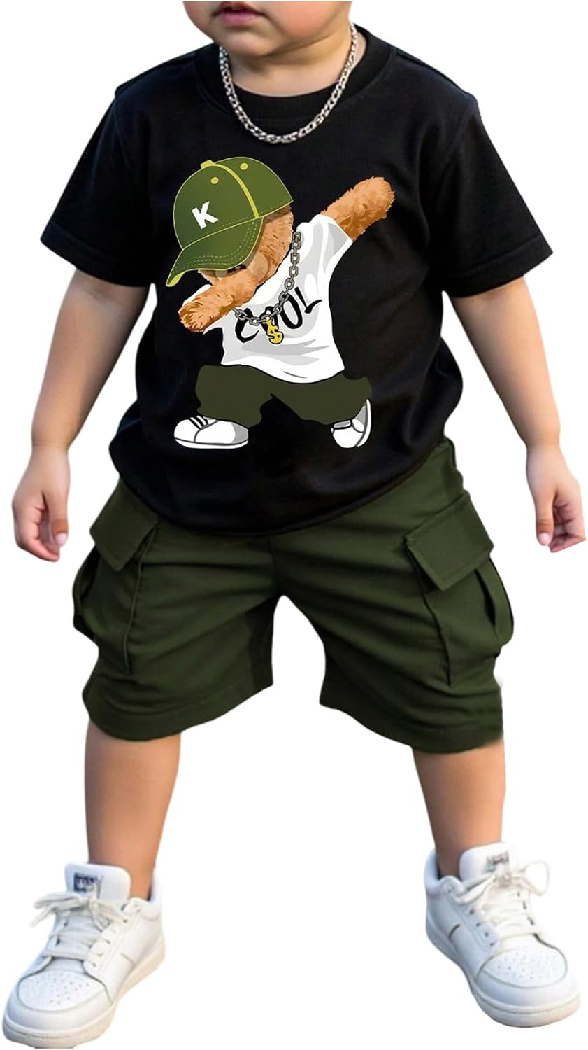 VIPWOLF Boy's Cute Clothes 2 Piece Outfits Short Sleeve Cartoon Bear Graphic Tees and Cargo Shorts