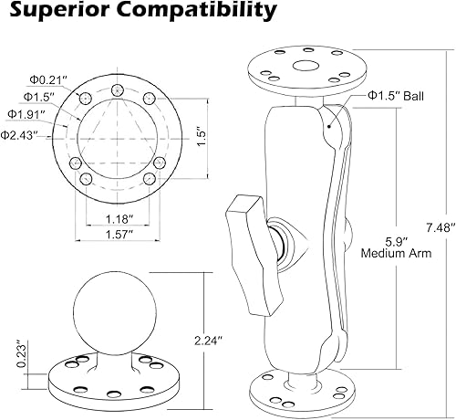 Miniatura 8 de WINDFRD Soporte de bola doble de aluminio de 1.5 pulgadas con dos placas redondas AMPS, tableta, soporte para buscador de peces, brazo de doble