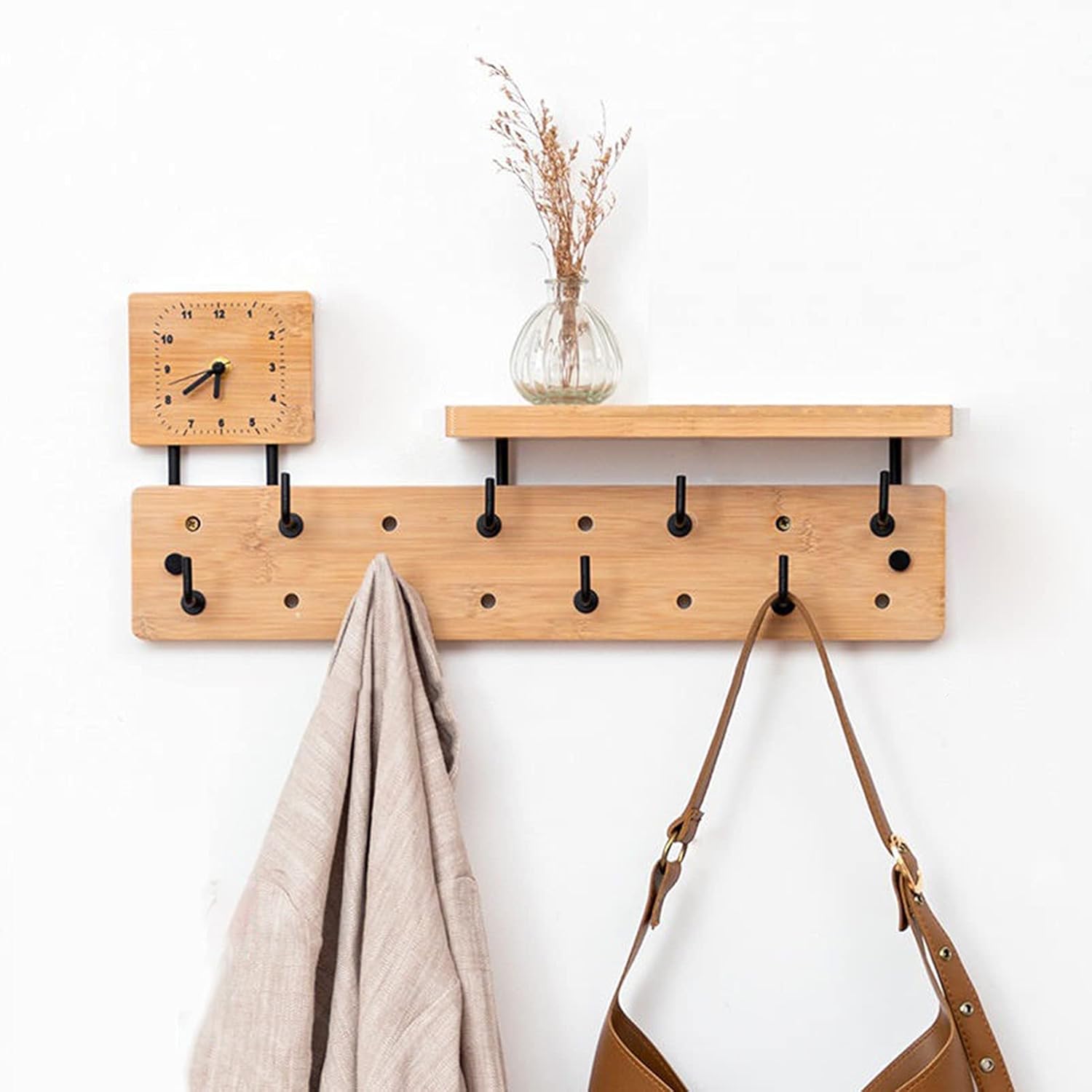 BBioss 木製コートラック 壁掛け棚 フック8個付き 多機能 収納 玄関 キッチン 浴室 寝室の装飾に最適