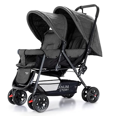 TEKNUM Double Twin Baby Stroller PramShock ProofWide Seat and Canopy360 DEGREE Rotating WheelsBig BasketFully Recylinable5 Point Seat BeltCushioned SeatNewborn Baby/Kids,6 36MonthsDark Grey, 77 X 45 X 105