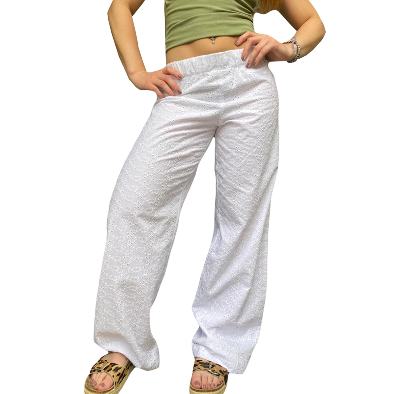 Raruxxin Y2K Eyelet Pants for Women Cute Flower Embroidered Pants Casual Loose Wide Leg High Waist Palazzo Lounge