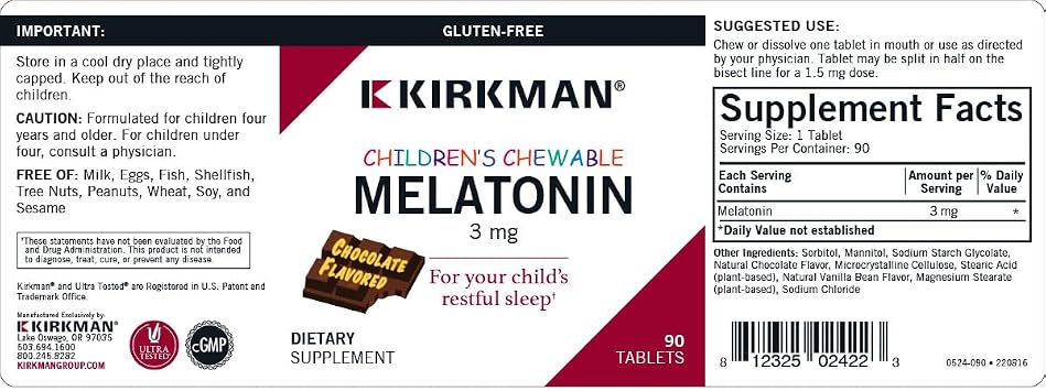 Kirkman Childrens Chewable Melatonin 3 mg Chocolate Tablets