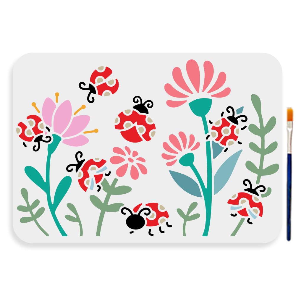 MAYJOYDIY Flower Ladybug Stencil 11.7×8.3inch Large Ladybug Wildflower Stencil with Paint Brush Reusable Insect Plant Stencils Template for Wood