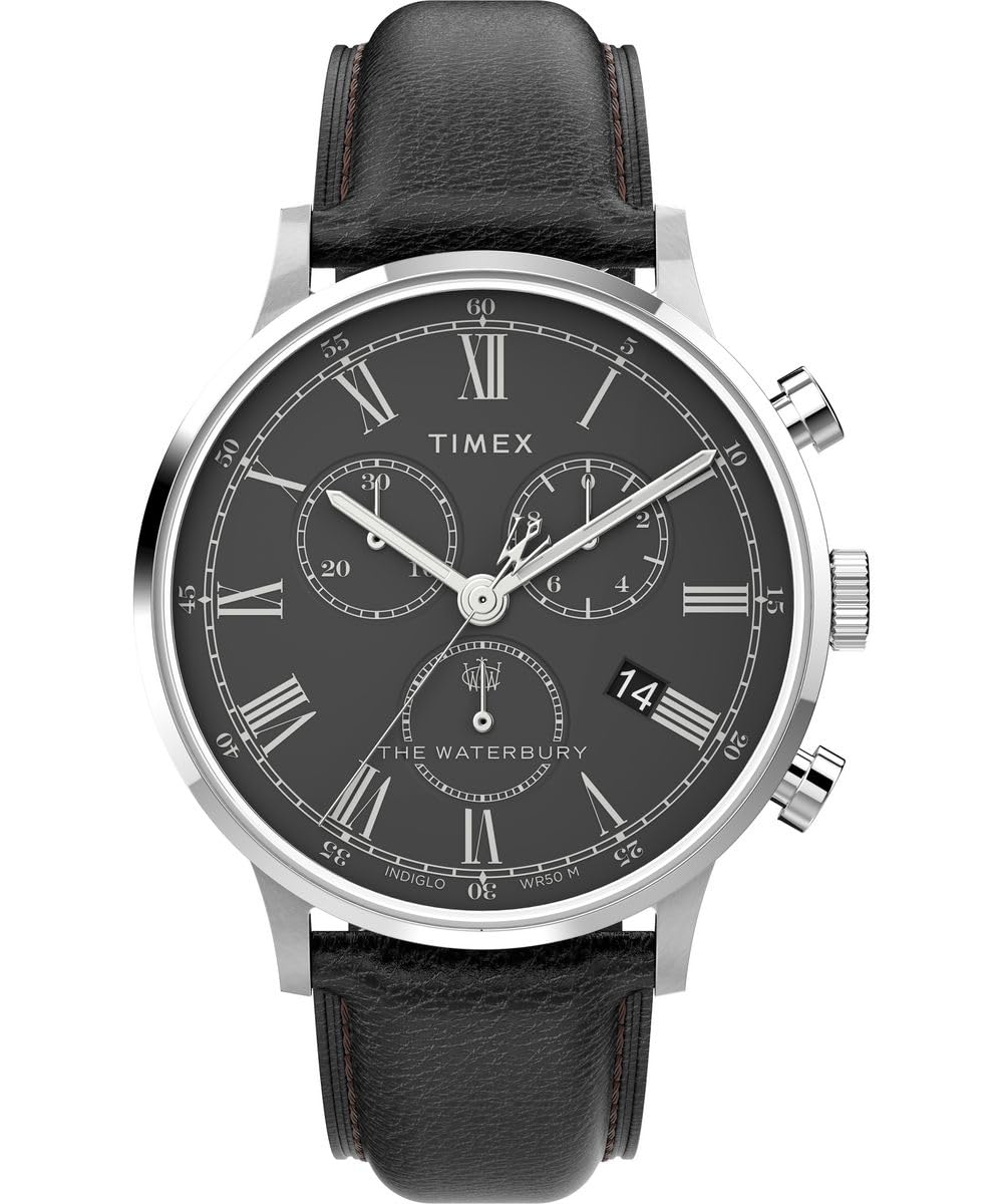 Timex Men's Waterbury 40 mm Watch - Black Leather Strap with Black Dial and Stainless Steel Case TW2U88300