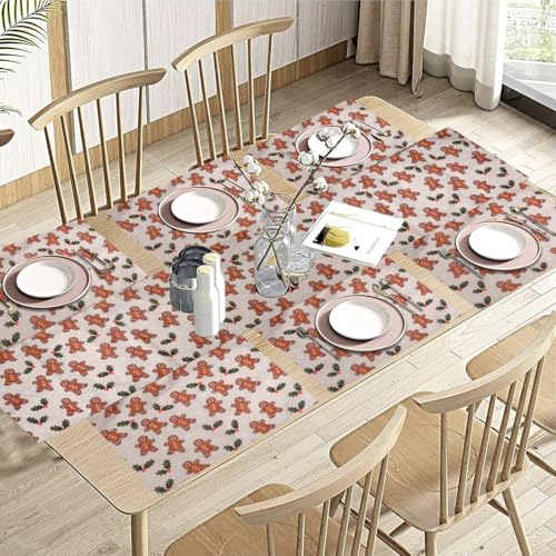 Image of Dining Table Mats Set of 6 with 135 cm Runner - Gingerbread Man Theme,Digital Print, Washable, Indoor /Outdoor, Heat-Proof, Wipe & Clean (47X33 cm) Cream & Brown